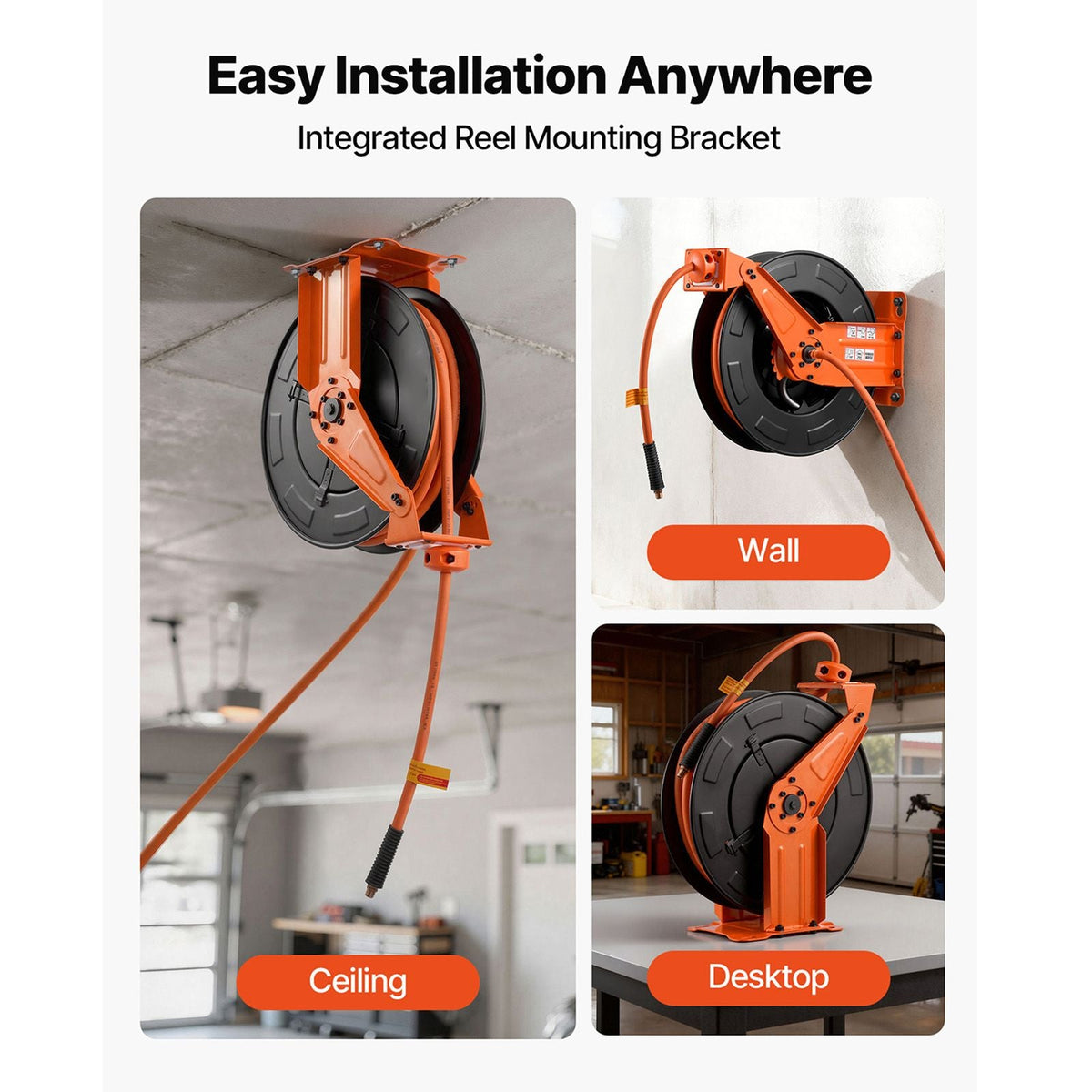 Retractable Air Hose Reel, 3/8 Inch x 50 FT Rubber Air Hose Max 300PSI, Auto Rewind Air-Compressor Hoses Reel with 5 ft Lead in, Ceiling/Wall Mount Heavy Duty Steel Double Arm
