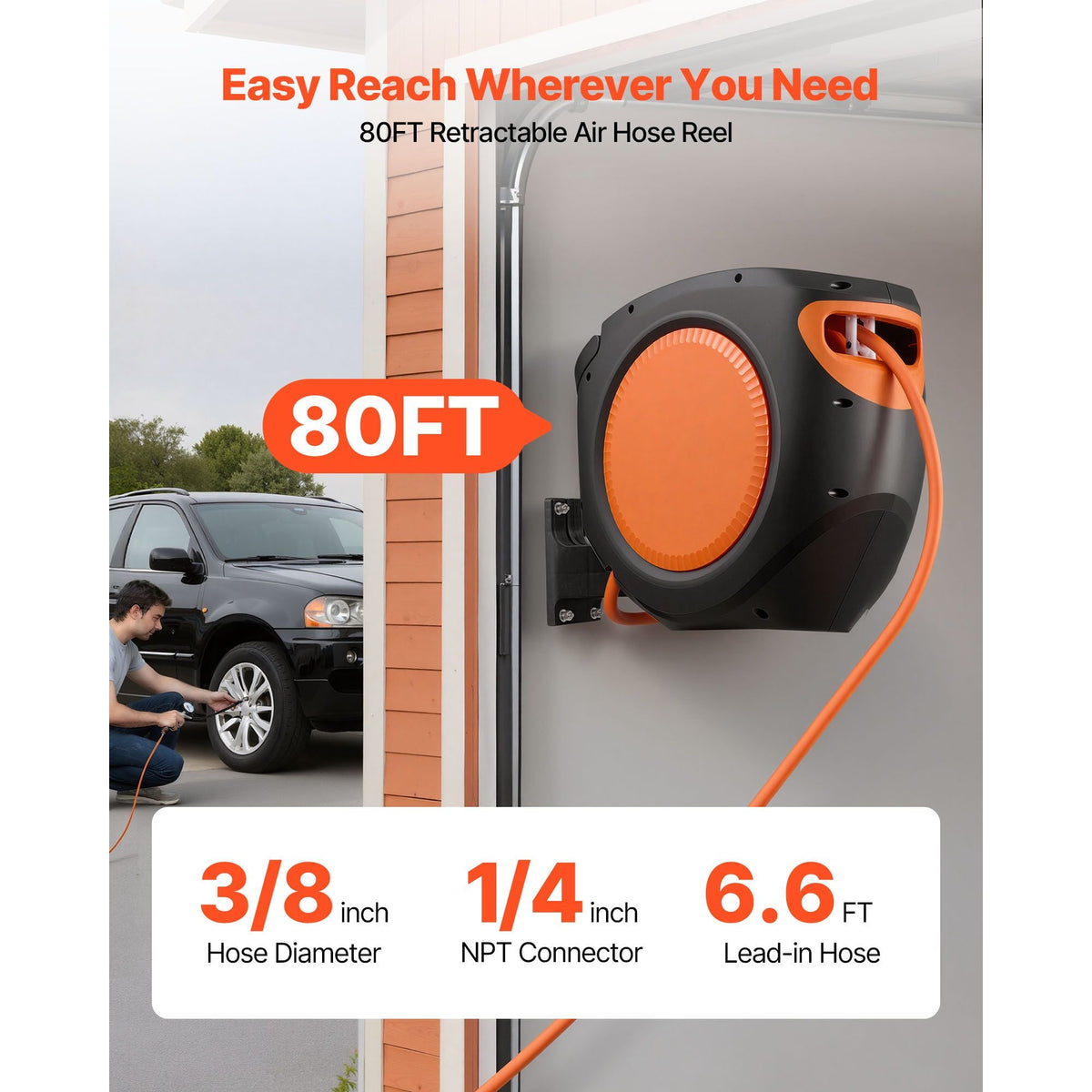 Retractable Air Hose Reel, 3/8 Inch x 80 FT Hybrid Air Hose Max 300PSI, Enclosed Air-Compressor Hoses Reel Auto Rewind with 6.6 ft Lead in, 180° Swivel Ceiling/Wall Mount for Workshops