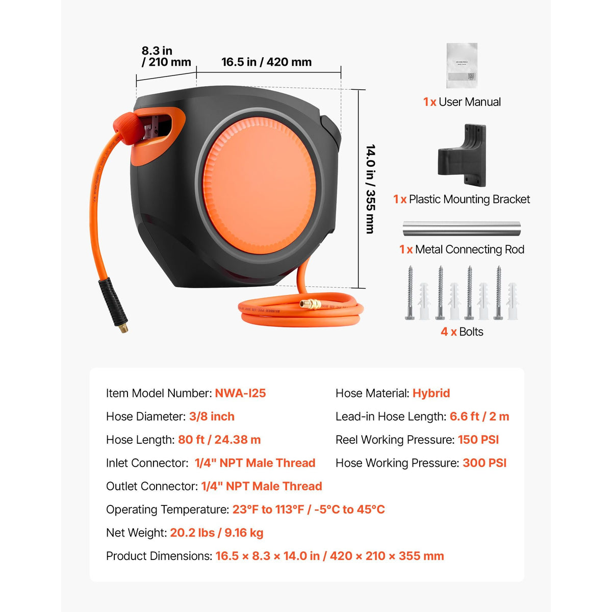 Retractable Air Hose Reel, 3/8 Inch x 80 FT Hybrid Air Hose Max 300PSI, Enclosed Air-Compressor Hoses Reel Auto Rewind with 6.6 ft Lead in, 180° Swivel Ceiling/Wall Mount for Workshops