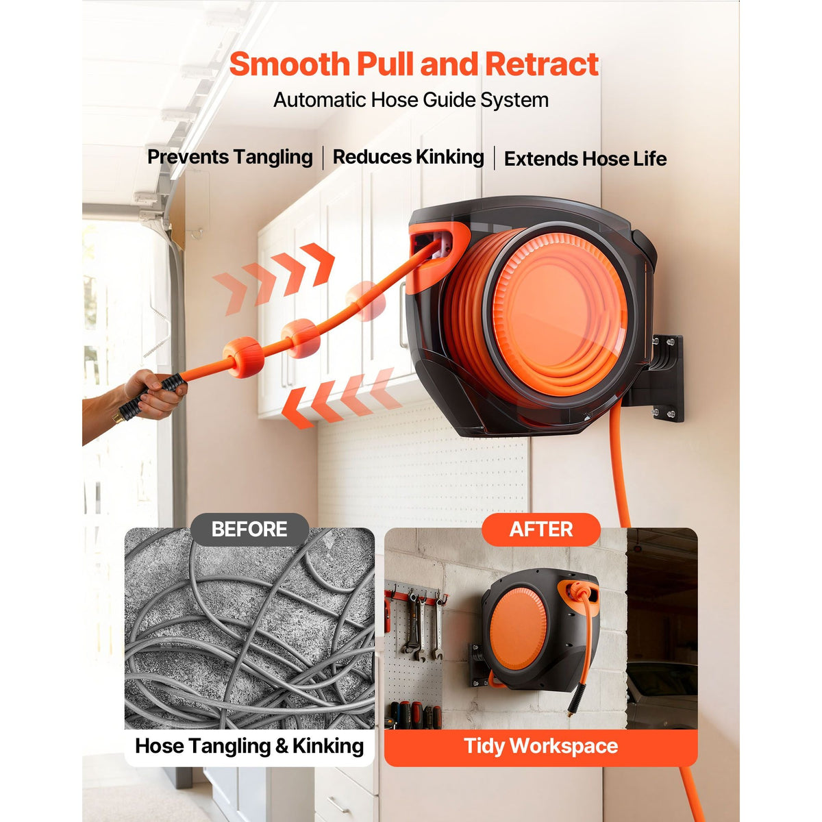 Retractable Air Hose Reel, 3/8 Inch x 80 FT Hybrid Air Hose Max 300PSI, Enclosed Air-Compressor Hoses Reel Auto Rewind with 6.6 ft Lead in, 180° Swivel Ceiling/Wall Mount for Workshops