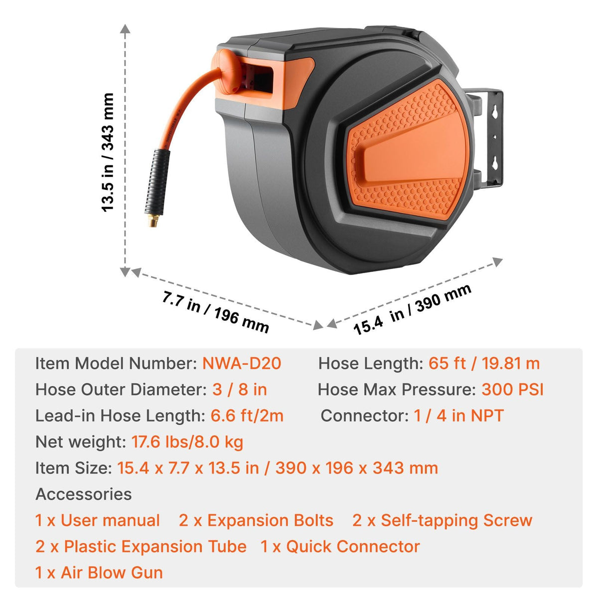 Retractable Air Hose Reel, 3/8IN x 65FT Hybrid Air Hose Max 300PSI, Air Compressor Hose Reel Auto-Rewind with 6.6 FT Lead in, Ceiling/Wall Mount Enclosed PP Reel & Built-in 180° Swivel Bracket