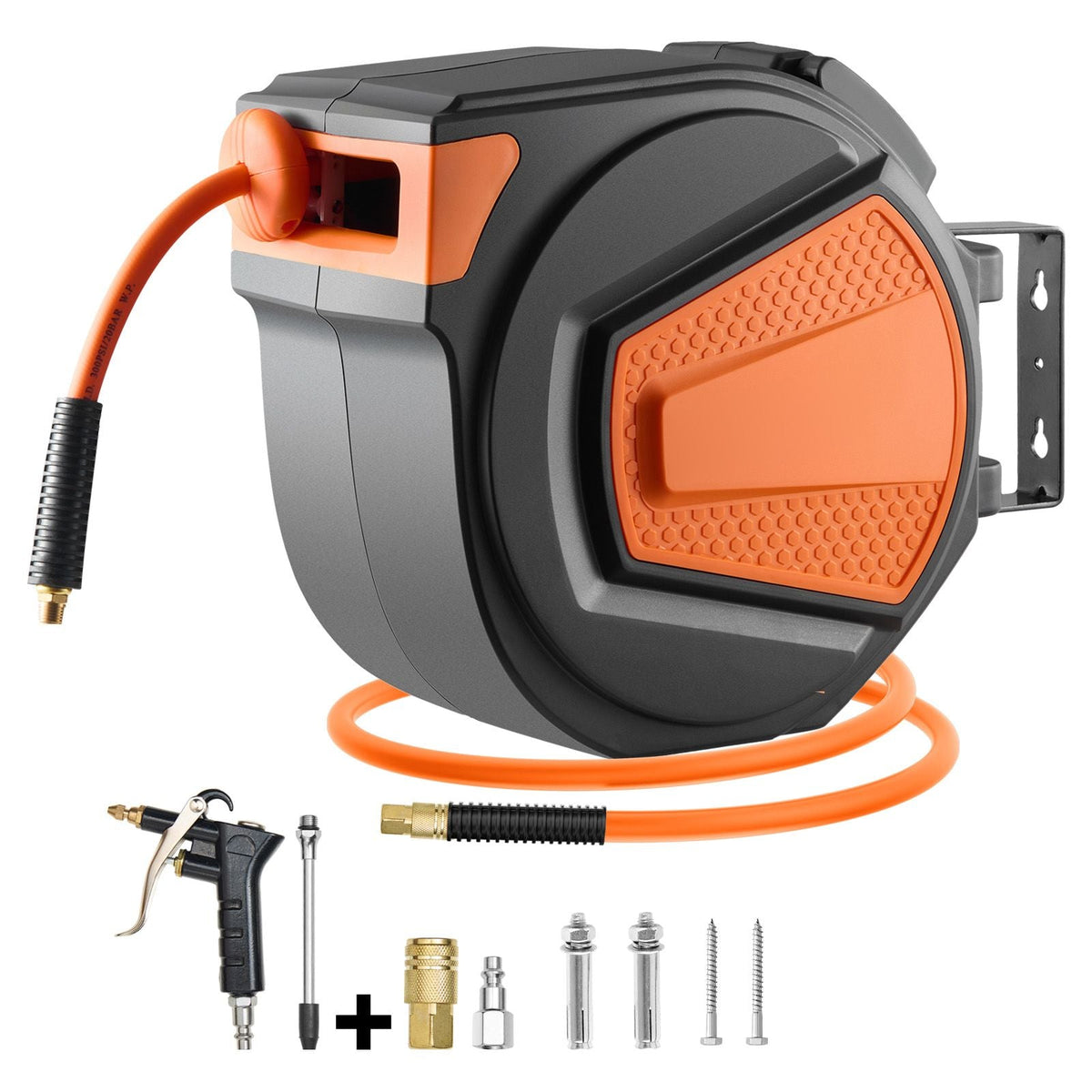 Retractable Air Hose Reel, 3/8IN x 65FT Hybrid Air Hose Max 300PSI, Air Compressor Hose Reel Auto-Rewind with 6.6 FT Lead in, Ceiling/Wall Mount Enclosed PP Reel & Built-in 180° Swivel Bracket