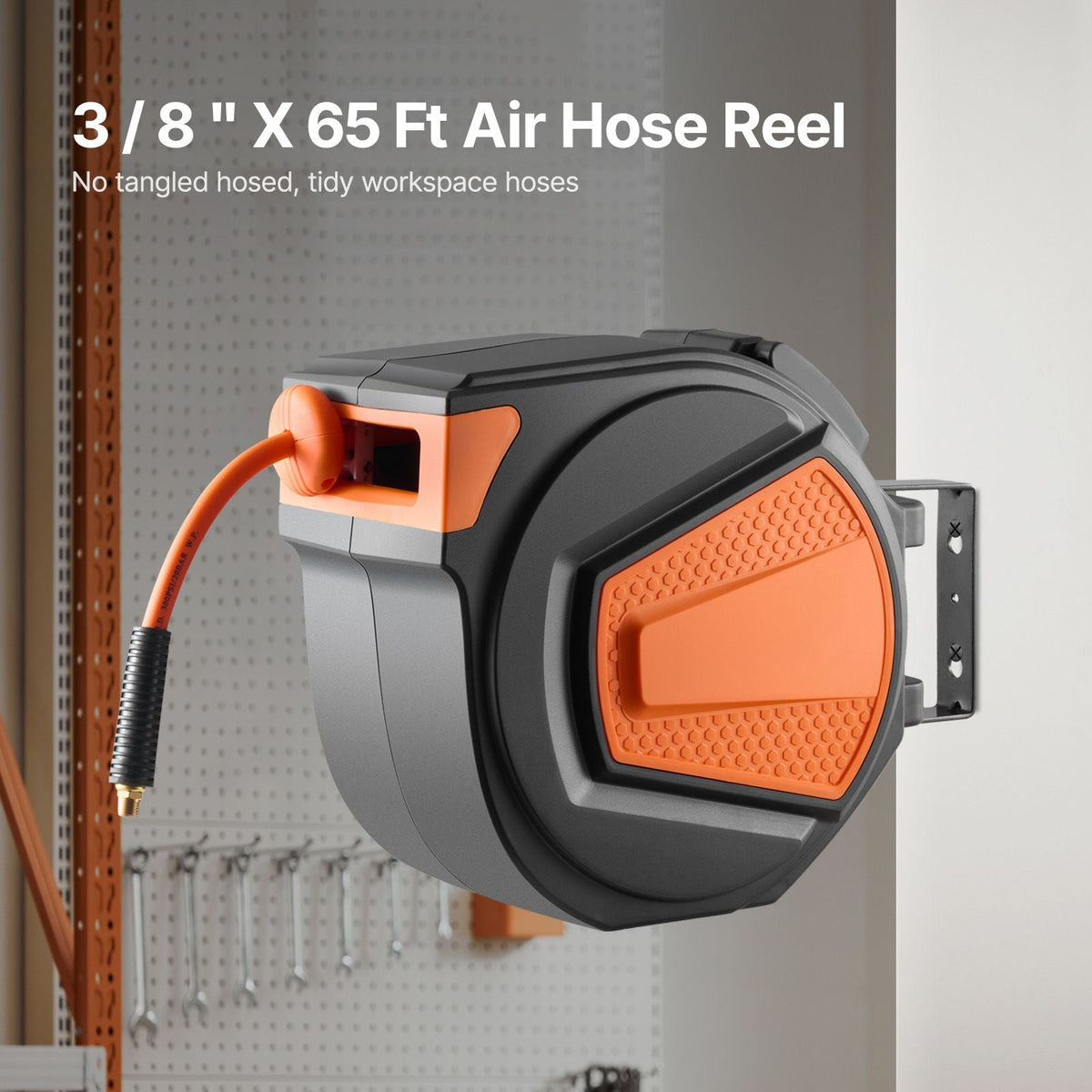 Retractable Air Hose Reel, 3/8IN x 65FT Hybrid Air Hose Max 300PSI, Air Compressor Hose Reel Auto-Rewind with 6.6 FT Lead in, Ceiling/Wall Mount Enclosed PP Reel & Built-in 180° Swivel Bracket