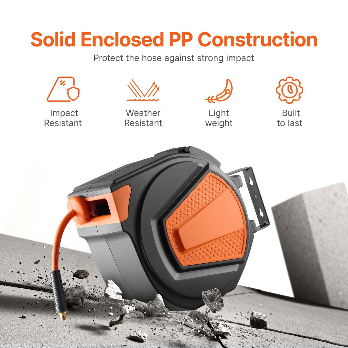 Retractable Air Hose Reel, 3/8IN x 65FT Hybrid Air Hose Max 300PSI, Air Compressor Hose Reel Auto-Rewind with 6.6 FT Lead in, Ceiling/Wall Mount Enclosed PP Reel & Built-in 180° Swivel Bracket