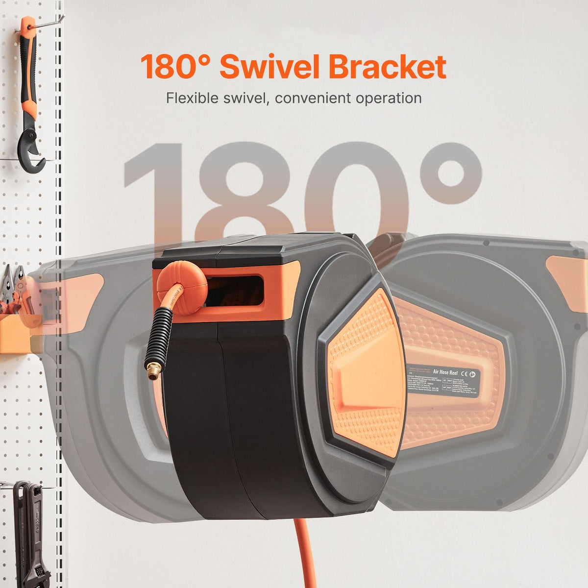 Retractable Air Hose Reel, 3/8IN x 65FT Hybrid Air Hose Max 300PSI, Air Compressor Hose Reel Auto-Rewind with 6.6 FT Lead in, Ceiling/Wall Mount Enclosed PP Reel & Built-in 180° Swivel Bracket