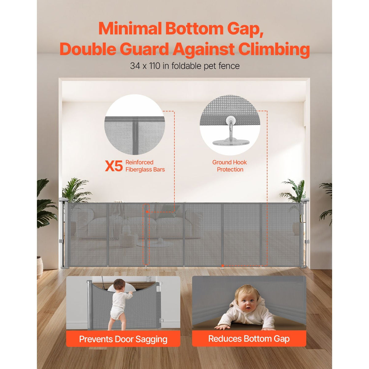 Retractable Baby Gate, 34 inch Tall, Extends up to 110 inch Wide, Retractable Gate for Kids or Pets, Mesh Material, Easy to Install for Indoor Stairs, Doorways, Hallways, Playrooms, Gray