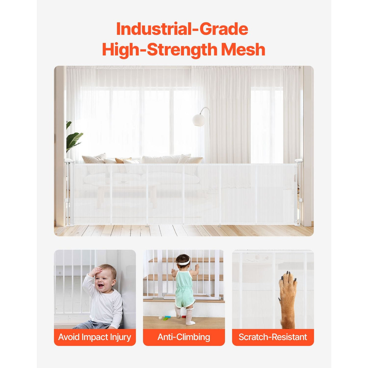 Retractable Baby Gate, 34 inch Tall, Extends up to 110 inch Wide, Retractable Gate for Kids or Pets, Mesh Material, Easy to Install for Indoor Stairs, Doorways, Hallways, Playrooms, White