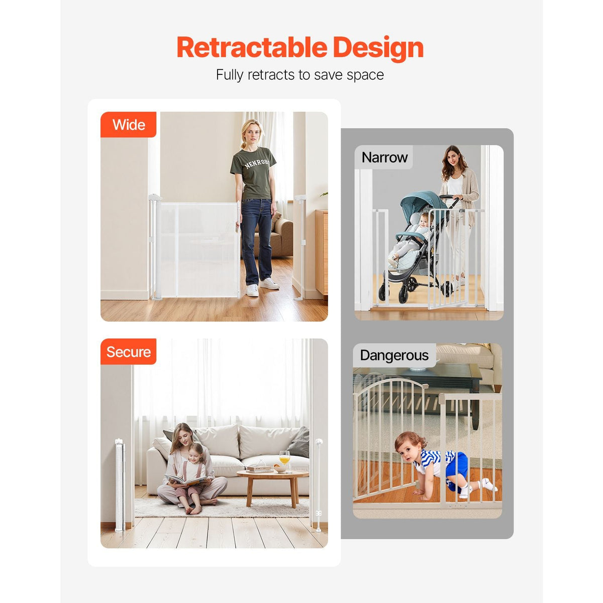 Retractable Baby Gate, 34 inch Tall, Extends up to 110 inch Wide, Retractable Gate for Kids or Pets, Mesh Material, Easy to Install for Indoor Stairs, Doorways, Hallways, Playrooms, White