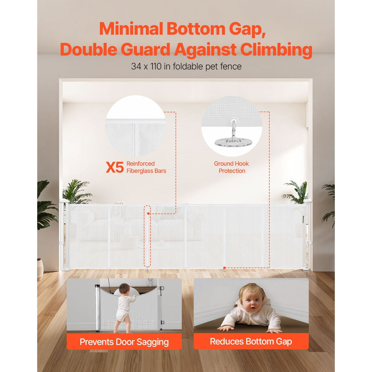 Retractable Baby Gate, 34 inch Tall, Extends up to 110 inch Wide, Retractable Gate for Kids or Pets, Mesh Material, Easy to Install for Indoor Stairs, Doorways, Hallways, Playrooms, White