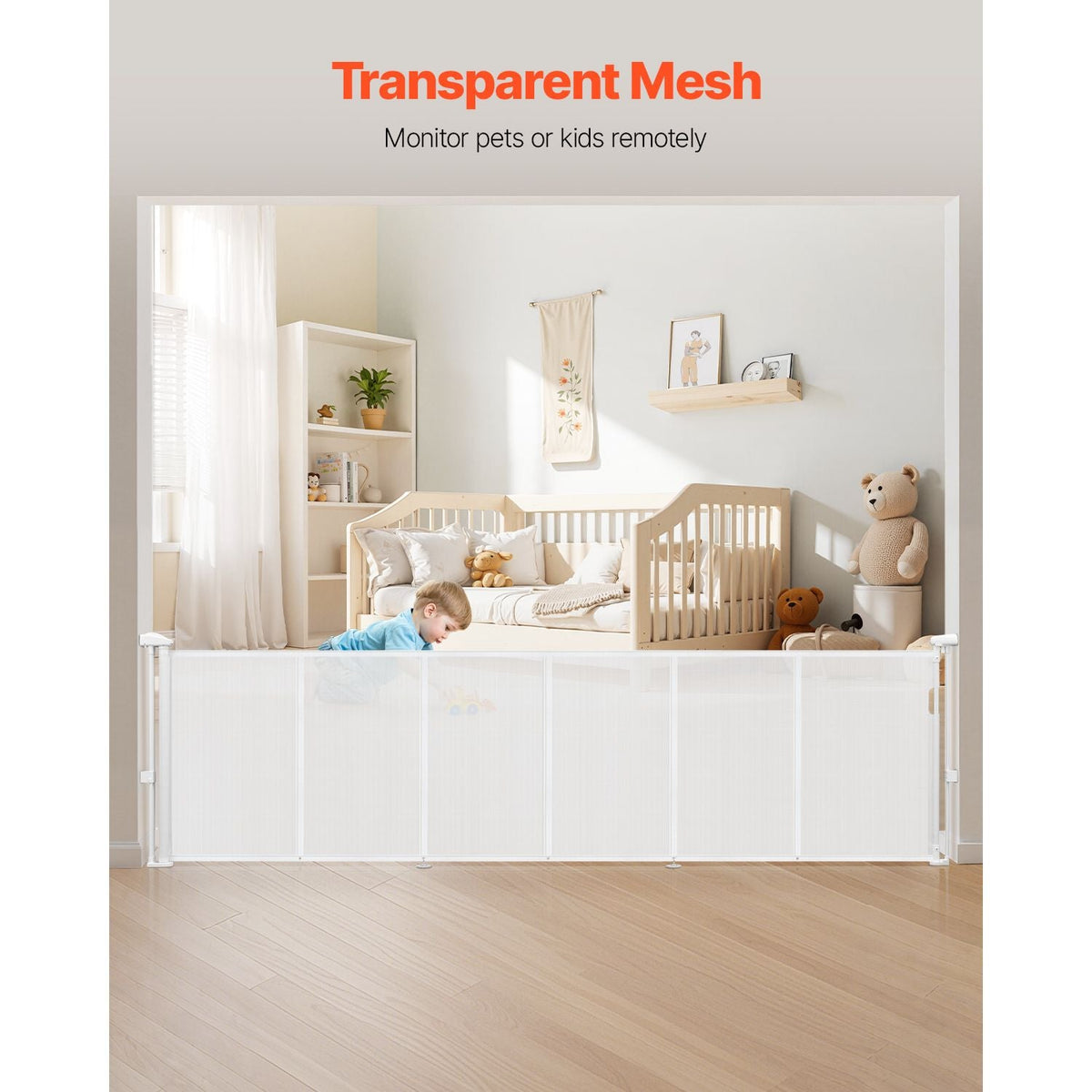 Retractable Baby Gate, 34 inch Tall, Extends up to 110 inch Wide, Retractable Gate for Kids or Pets, Mesh Material, Easy to Install for Indoor Stairs, Doorways, Hallways, Playrooms, White