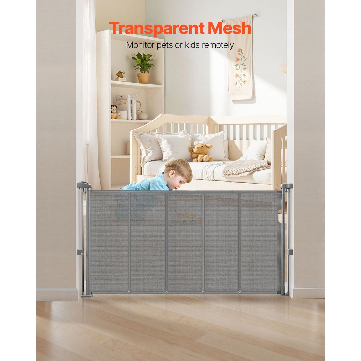 Retractable Baby Gate, 34 inch Tall, Extends up to 55 inch Wide, Retractable Gate for Kids or Pets, Mesh Material, Easy to Install for Indoor Stairs, Doorways, Hallways, Playrooms, Gray