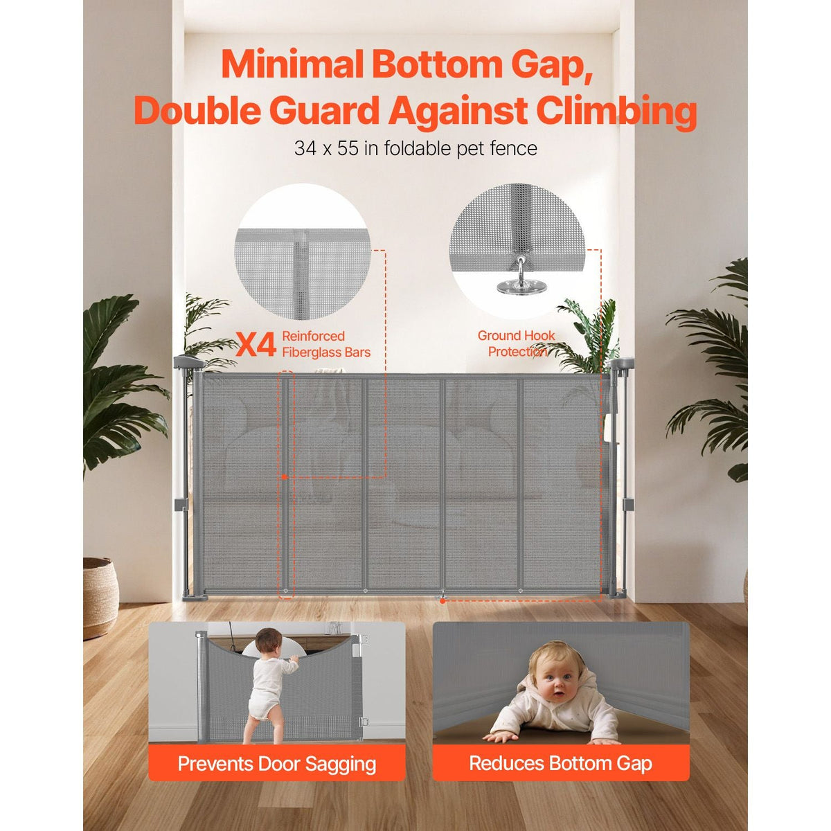Retractable Baby Gate, 34 inch Tall, Extends up to 55 inch Wide, Retractable Gate for Kids or Pets, Mesh Material, Easy to Install for Indoor Stairs, Doorways, Hallways, Playrooms, Gray