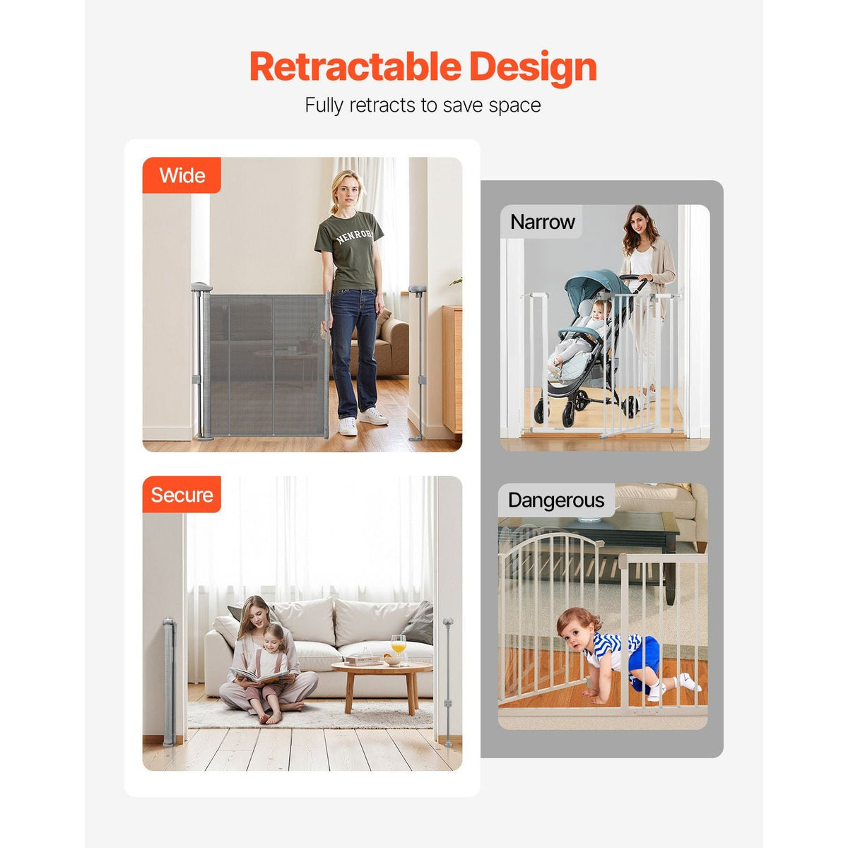 Retractable Baby Gate, 34 inch Tall, Extends up to 55 inch Wide, Retractable Gate for Kids or Pets, Mesh Material, Easy to Install for Indoor Stairs, Doorways, Hallways, Playrooms, Gray