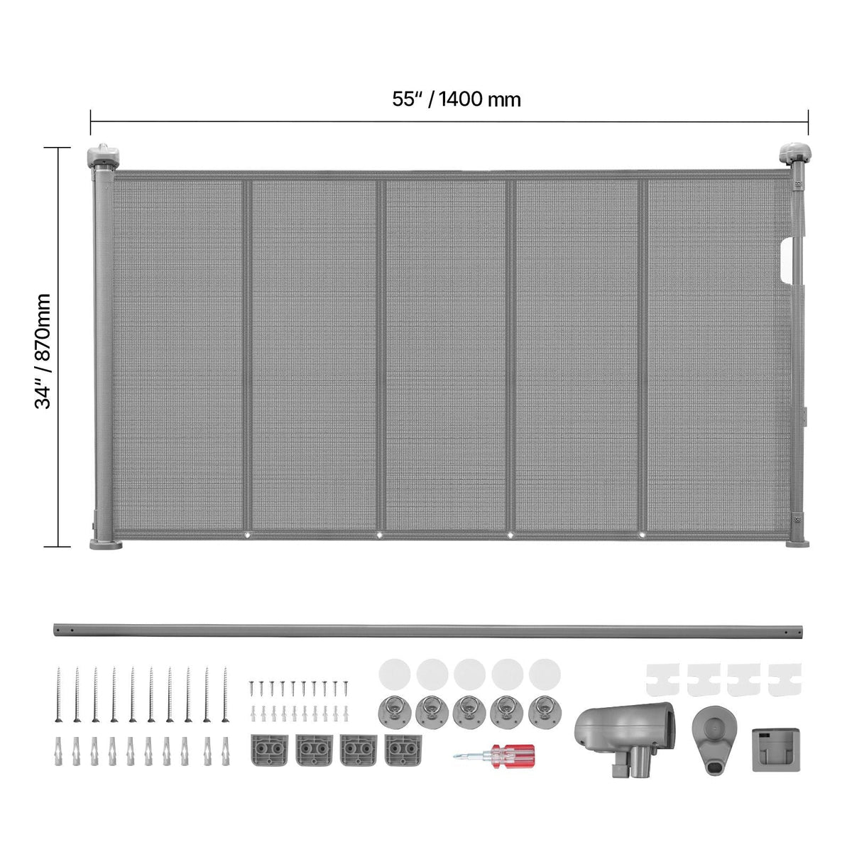 Retractable Baby Gate, 34 inch Tall, Extends up to 55 inch Wide, Retractable Gate for Kids or Pets, Mesh Material, Easy to Install for Indoor Stairs, Doorways, Hallways, Playrooms, Gray