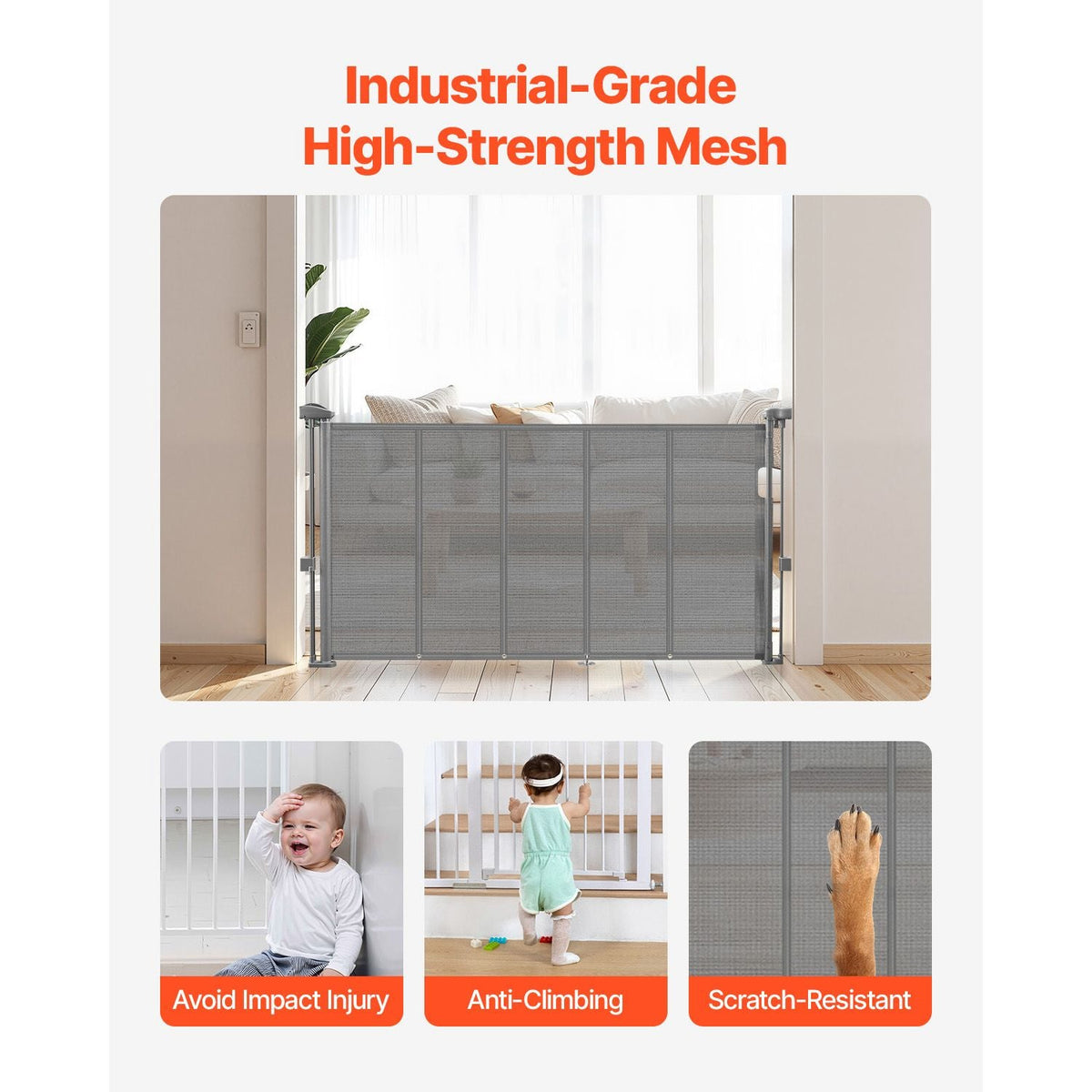 Retractable Baby Gate, 34 inch Tall, Extends up to 55 inch Wide, Retractable Gate for Kids or Pets, Mesh Material, Easy to Install for Indoor Stairs, Doorways, Hallways, Playrooms, Gray