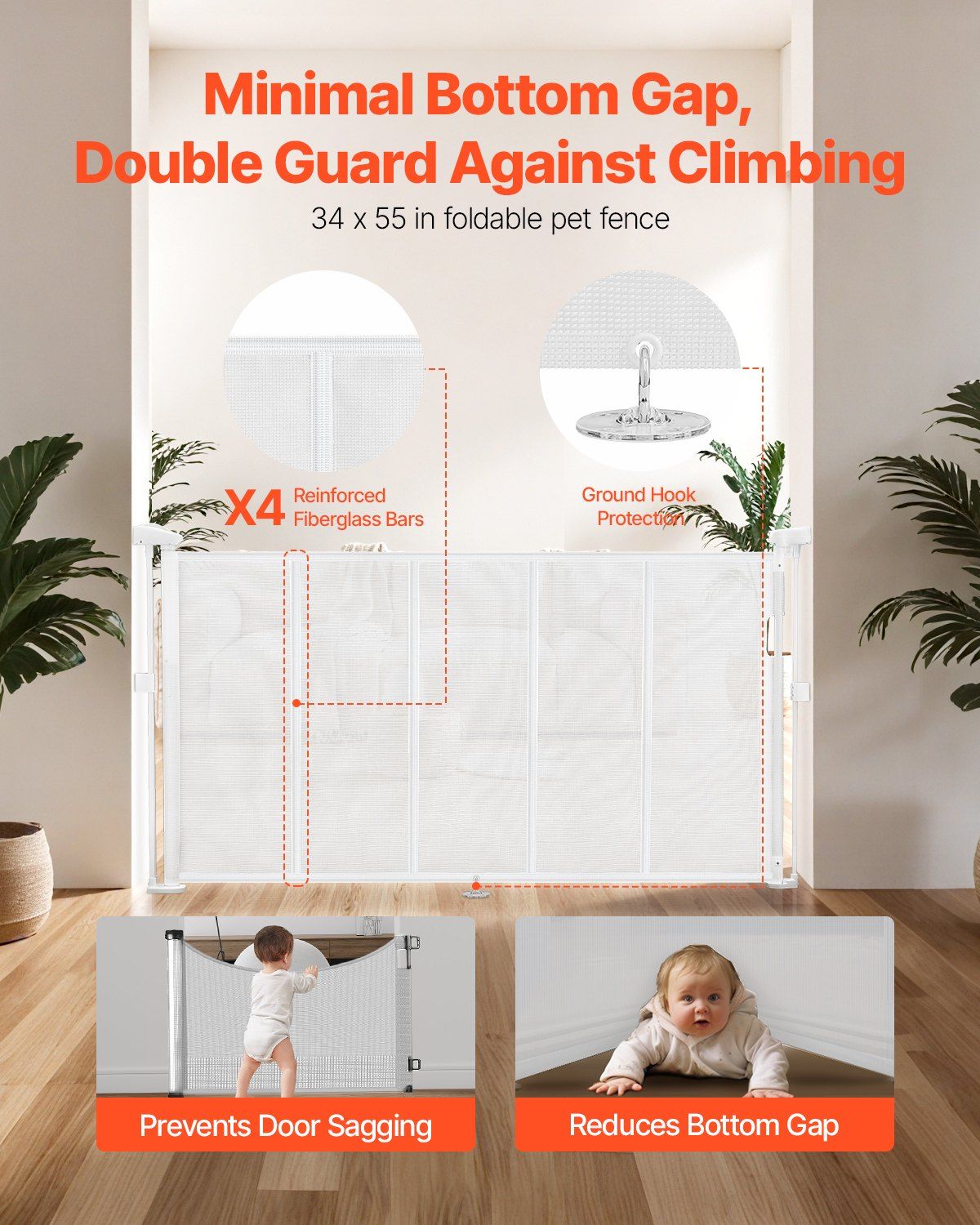 Retractable Baby Gate, 34 inch Tall, Extends up to 55 inch Wide, Retractable Gate for Kids or Pets, Mesh Material, Easy to Install for Indoor Stairs, Doorways, Hallways, Playrooms, White