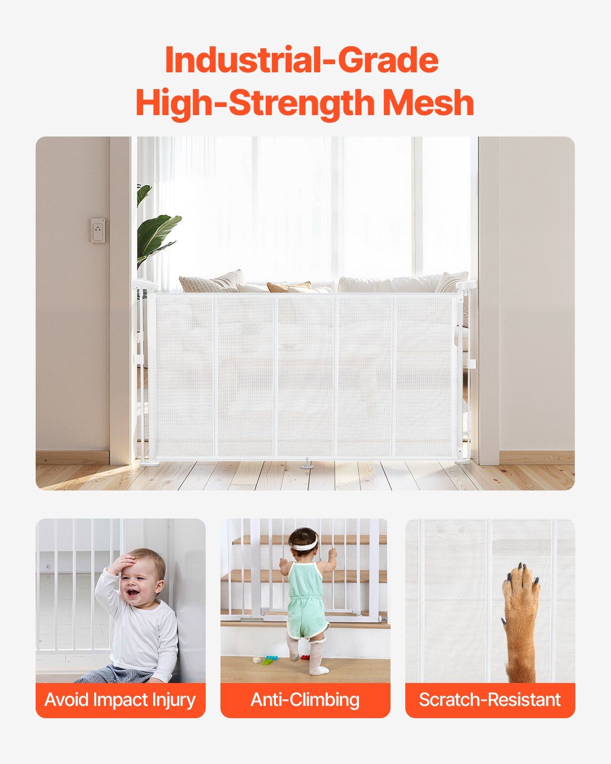 Retractable Baby Gate, 34 inch Tall, Extends up to 55 inch Wide, Retractable Gate for Kids or Pets, Mesh Material, Easy to Install for Indoor Stairs, Doorways, Hallways, Playrooms, White
