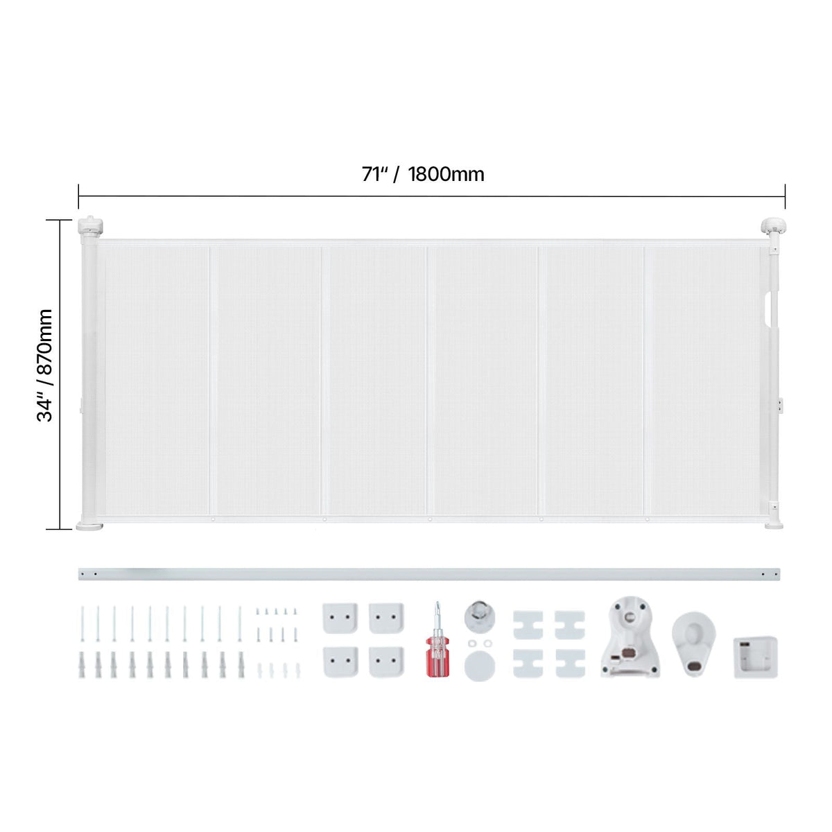 Retractable Baby Gate, 34 inch Tall, Extends up to 71 inch Wide, Retractable Gate for Kids or Pets, Mesh Material, Easy to Install for Indoor Stairs, Doorways, Hallways, Playrooms, White