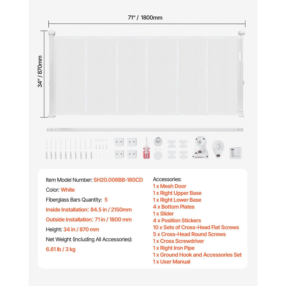 Retractable Baby Gate, 34 inch Tall, Extends up to 71 inch Wide, Retractable Gate for Kids or Pets, Mesh Material, Easy to Install for Indoor Stairs, Doorways, Hallways, Playrooms, White