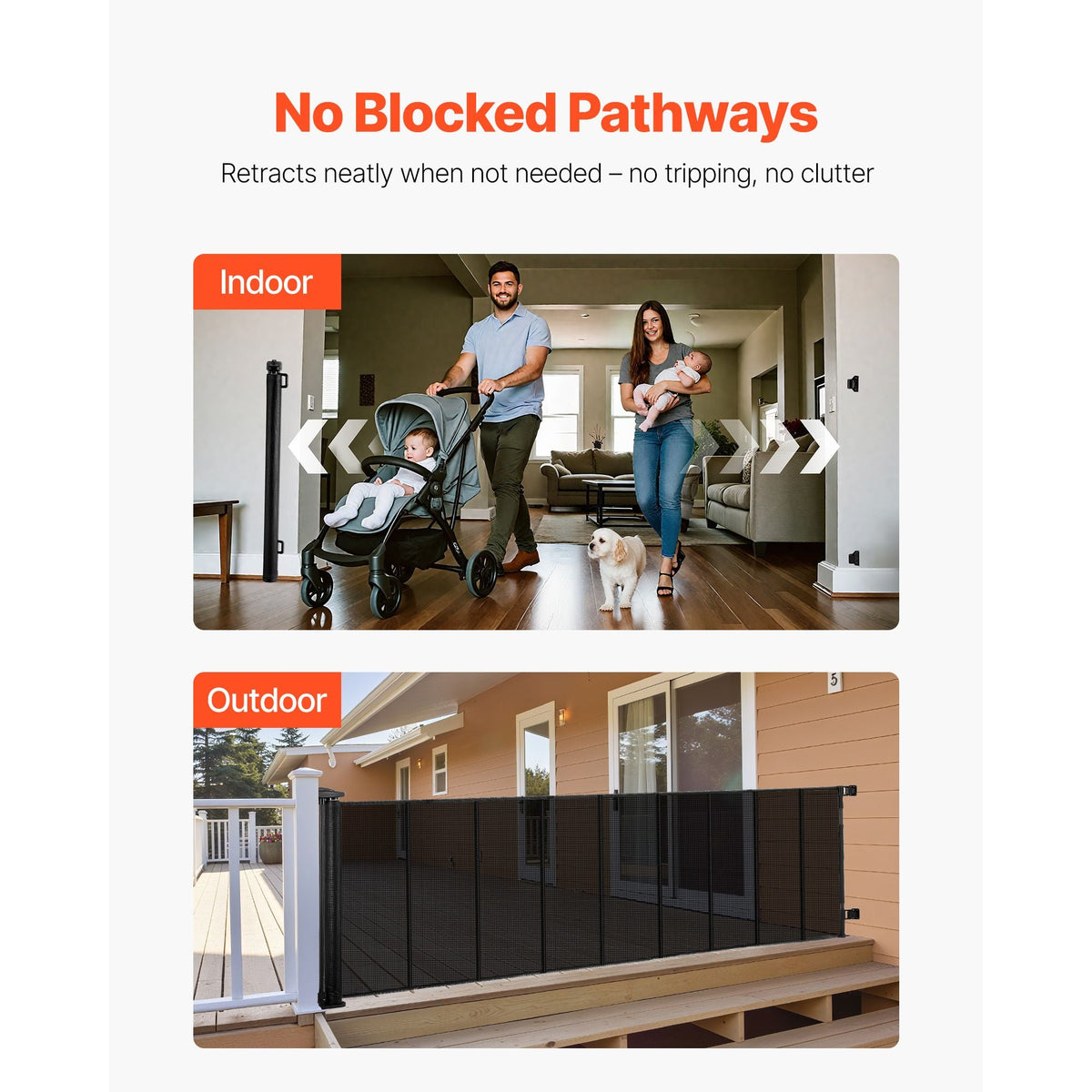 Retractable Baby Gate, Extends to 163.3 inch Extra Wide, 39 inch Tall, with Reinforced Fiberglass Strips, Avoids Crawling Through, Mesh Dog Gate for Decks, Doorways, Garages, Indoor, Black