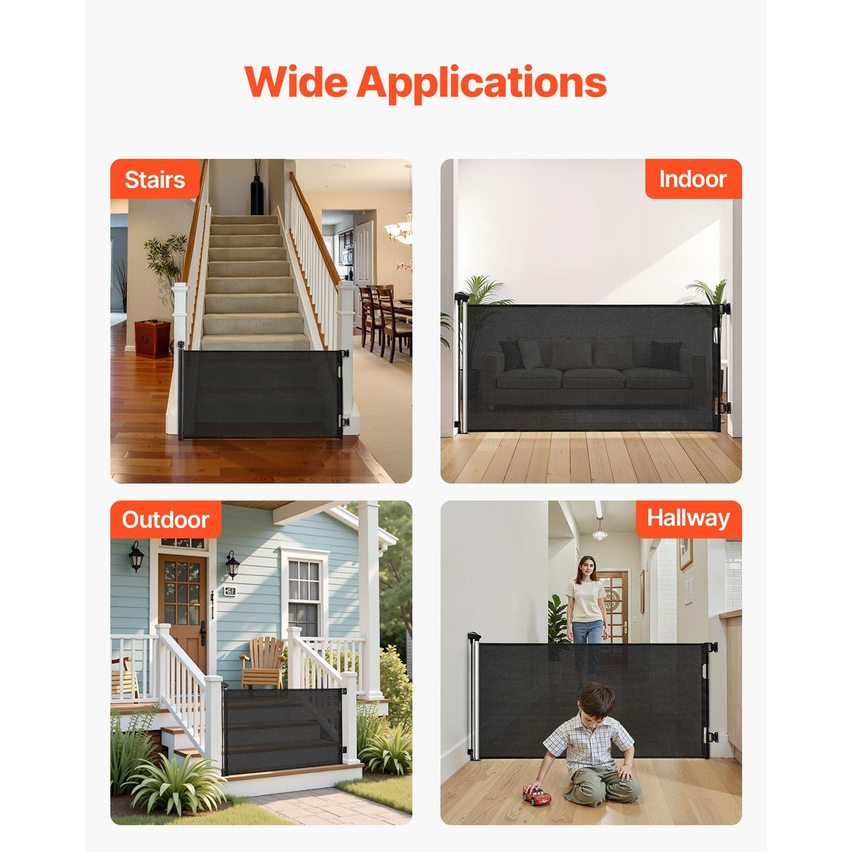 Retractable Baby Gate, Extends to 56.3 inch Wide, 31.3 inch Tall, with Security Lock, Easy to Use, Walk Through Without Tripping, Mesh Dog Gate for Stairs, Hallways, Indoor/Outdoor, Black