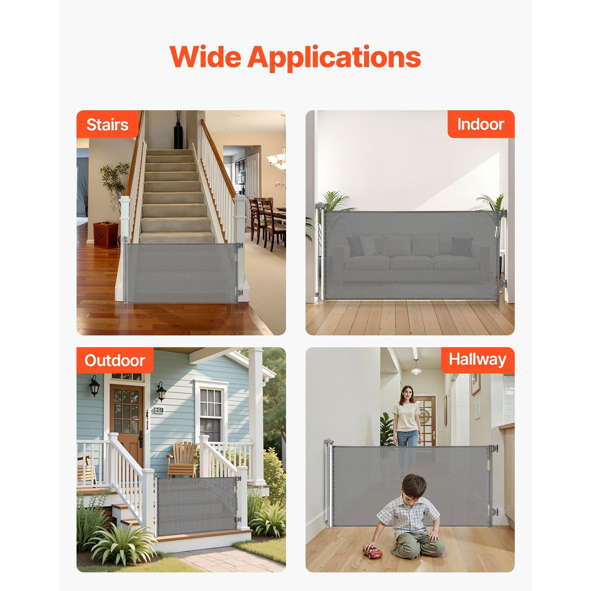Retractable Baby Gate, Extends to 56.3 inch Wide, 31.3 inch Tall, with Security Lock, Easy to Use, Walk Through Without Tripping, Mesh Dog Gate for Stairs, Hallways, Indoor/Outdoor, Gray