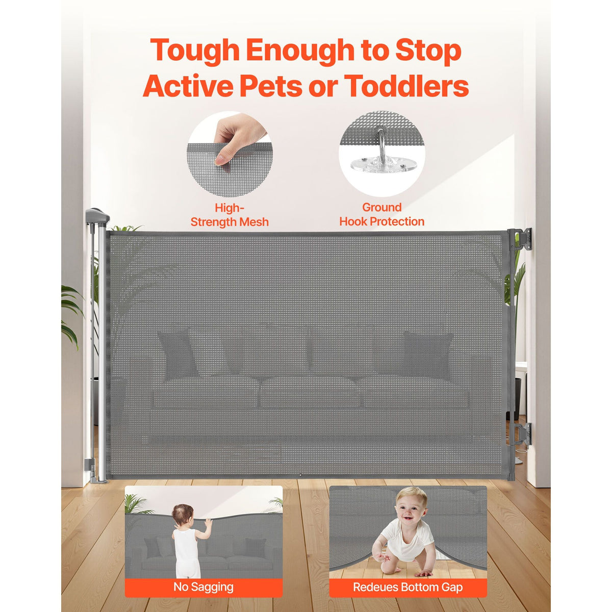 Retractable Baby Gate, Extends to 57 inch Wide, 38.5 inch Tall, with Security Lock, Easy to Use, Walk Through Without Tripping, Mesh Dog Gate for Stairs, Hallways, Indoor/Outdoor, Gray