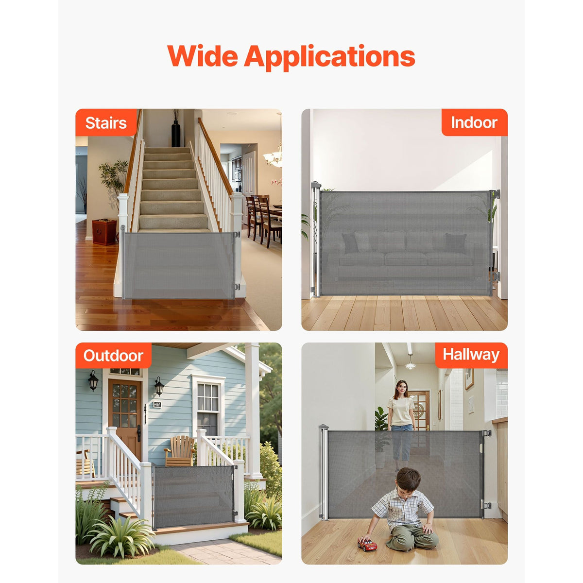 Retractable Baby Gate, Extends to 57 inch Wide, 38.5 inch Tall, with Security Lock, Easy to Use, Walk Through Without Tripping, Mesh Dog Gate for Stairs, Hallways, Indoor/Outdoor, Gray