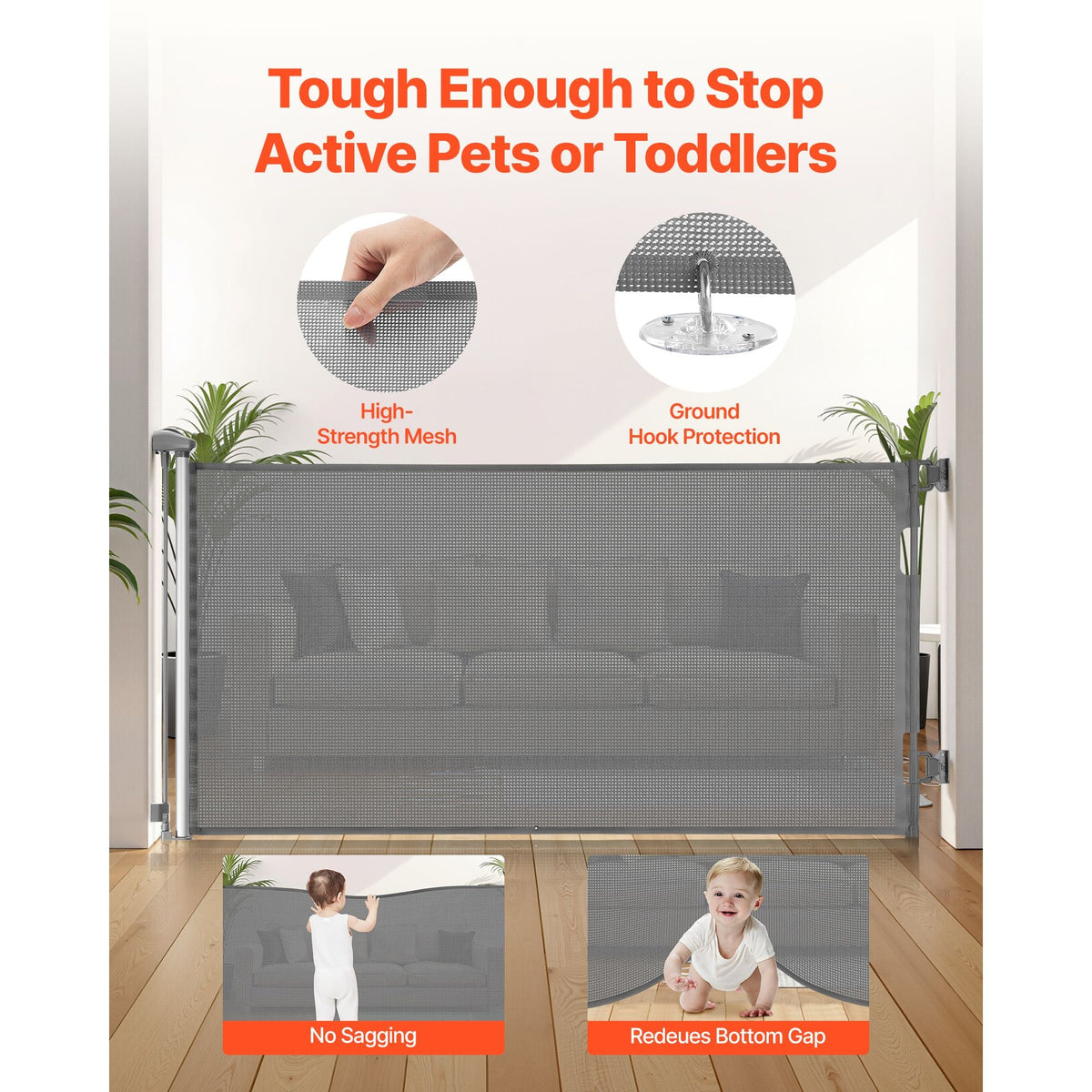 Retractable Baby Gate, Extends to 72.8 inch Wide, 31.3 inch Tall, with Security Lock, Easy to Use, Walk Through Without Tripping, Mesh Dog Gate for Stairs, Hallways, Indoor/Outdoor, Gray