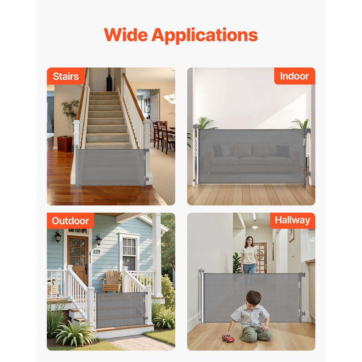 Retractable Baby Gate, Extends to 72.8 inch Wide, 31.3 inch Tall, with Security Lock, Easy to Use, Walk Through Without Tripping, Mesh Dog Gate for Stairs, Hallways, Indoor/Outdoor, Gray