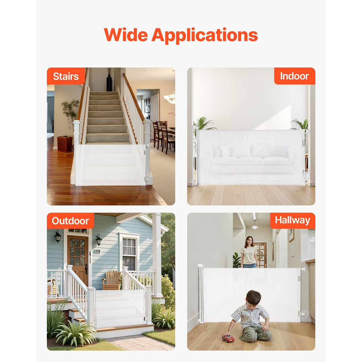 Retractable Baby Gate, Extends to 72.8 inch Wide, 31.3 inch Tall, with Security Lock, Easy to Use, Walk Through Without Tripping, Mesh Dog Gate for Stairs, Hallways, Indoor/Outdoor, White