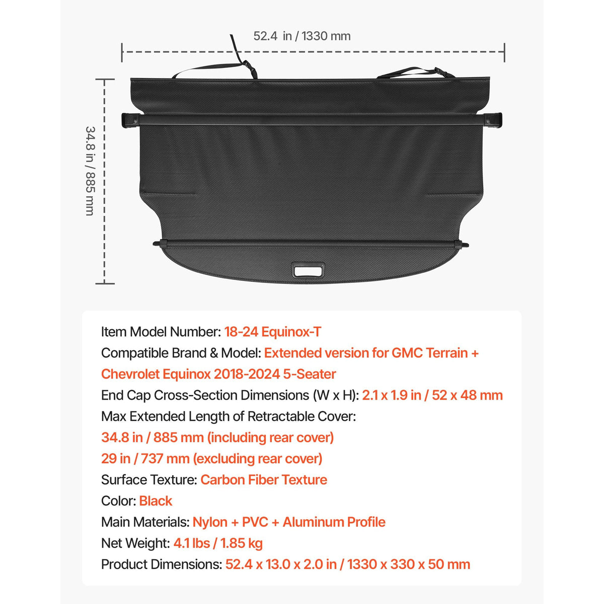 Retractable Cargo Cover, Carbon Fiber Texture Trunk Cover, Anti-Peeping Luggage Privacy Shield, Seamless Fixation Shade, Extended Version for GMC Terrain & Chevrolet Equinox 2018-2024 5-Seater