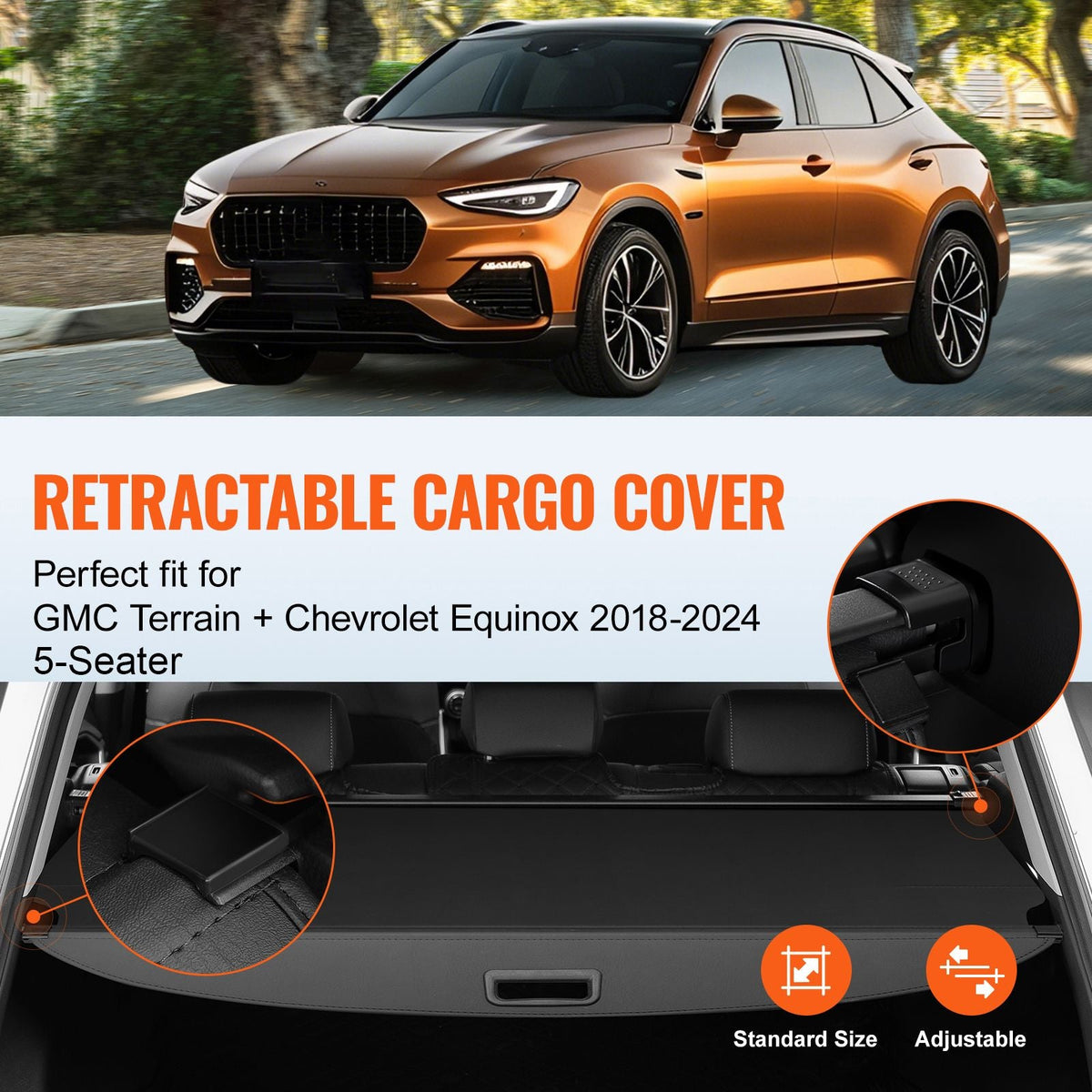 Retractable Cargo Cover for Chevrolet, Waterproof Trunk Cover Security Shield Shade for GMC Terrain + Chevrolet Equinox 2018-2024 5-Seater, Rear Trunk Cover, Aluminum Alloy & PVC Leather Texture