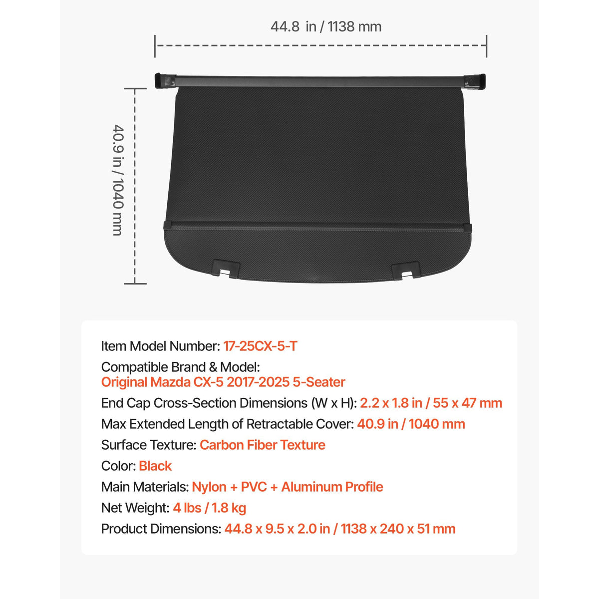 Retractable Cargo Cover, Upgraded Carbon Fiber Texture Trunk Cover, Anti-Peeping Luggage Privacy Shield, Easy Installation Security Shade Car Accessories, for Mazda CX-5 2017-2025 5-Seater