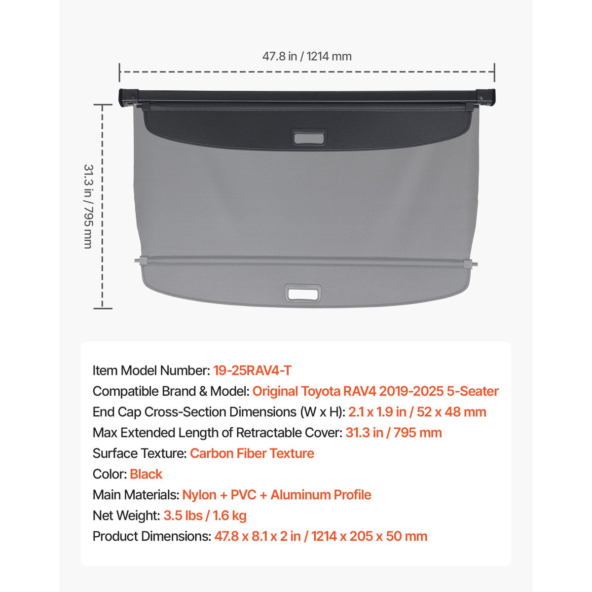 Retractable Cargo Cover, Upgraded Carbon Fiber Texture Trunk Cover, Anti-Peeping Luggage Privacy Shield, Easy Installation Security Shade Car Accessories, for Toyota RAV4 2019-2025 5-Seater