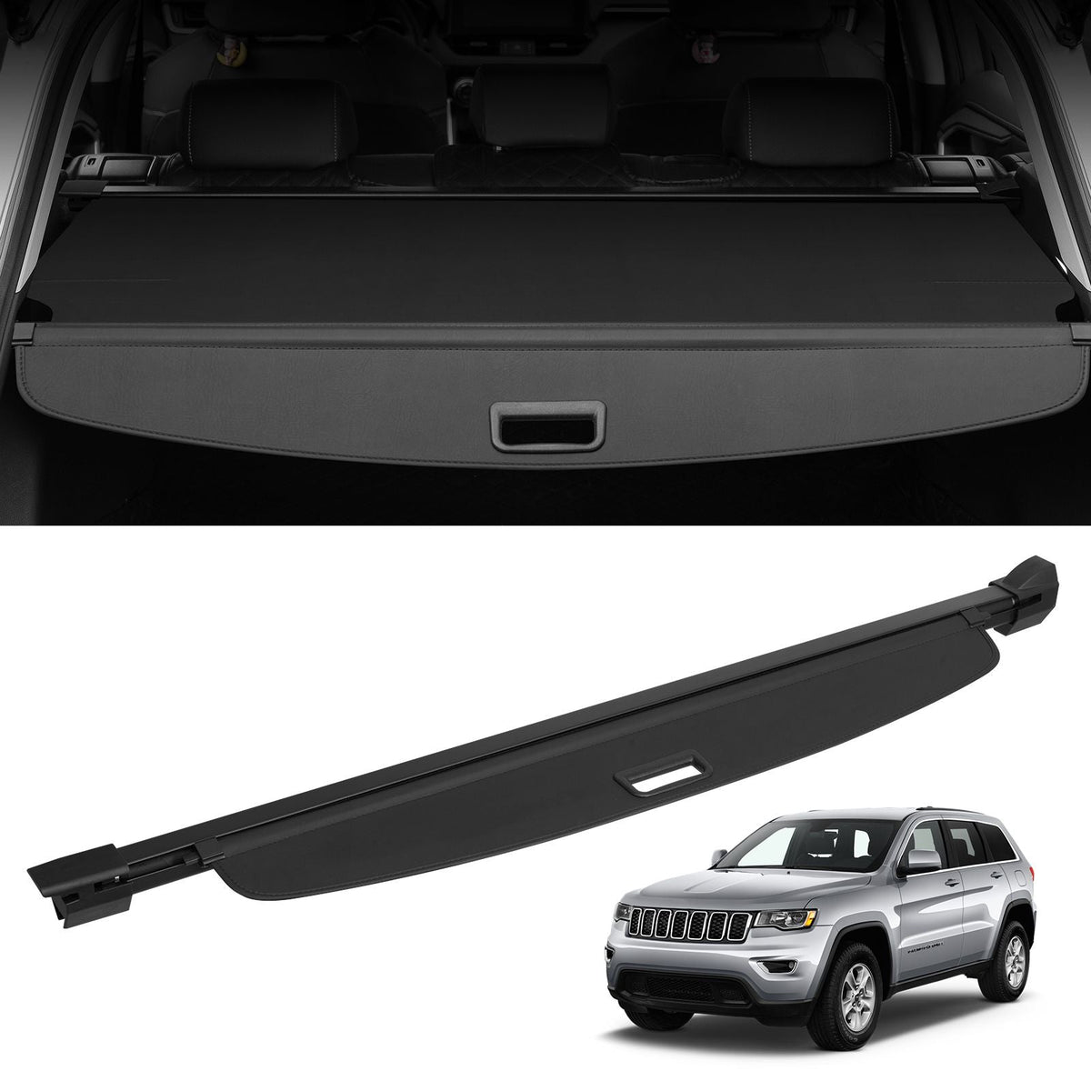 Retractable Cargo Cover, Upgraded Waterproof Trunk Cover Security Shield Shade for Jeep Grand Cherokee 2 Row 2022-2025 5-Seater, UV Proof Rear Trunk Cover Aluminum Alloy & PVC Leather Texture