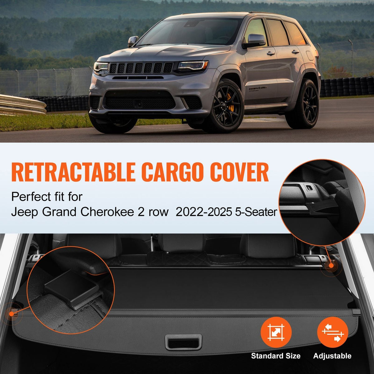 Retractable Cargo Cover, Upgraded Waterproof Trunk Cover Security Shield Shade for Jeep Grand Cherokee 2 Row 2022-2025 5-Seater, UV Proof Rear Trunk Cover Aluminum Alloy & PVC Leather Texture