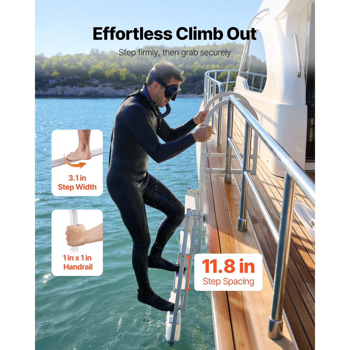Retractable Dock Ladder, 4 Steps, Aluminum Alloy Pontoon Boat Swim Ladder with Auto-Lift Float, Non-Slip Wide Steps, 500 lbs Weight Capacity, Adjustable Height, for Lake Pool Marine Boarding