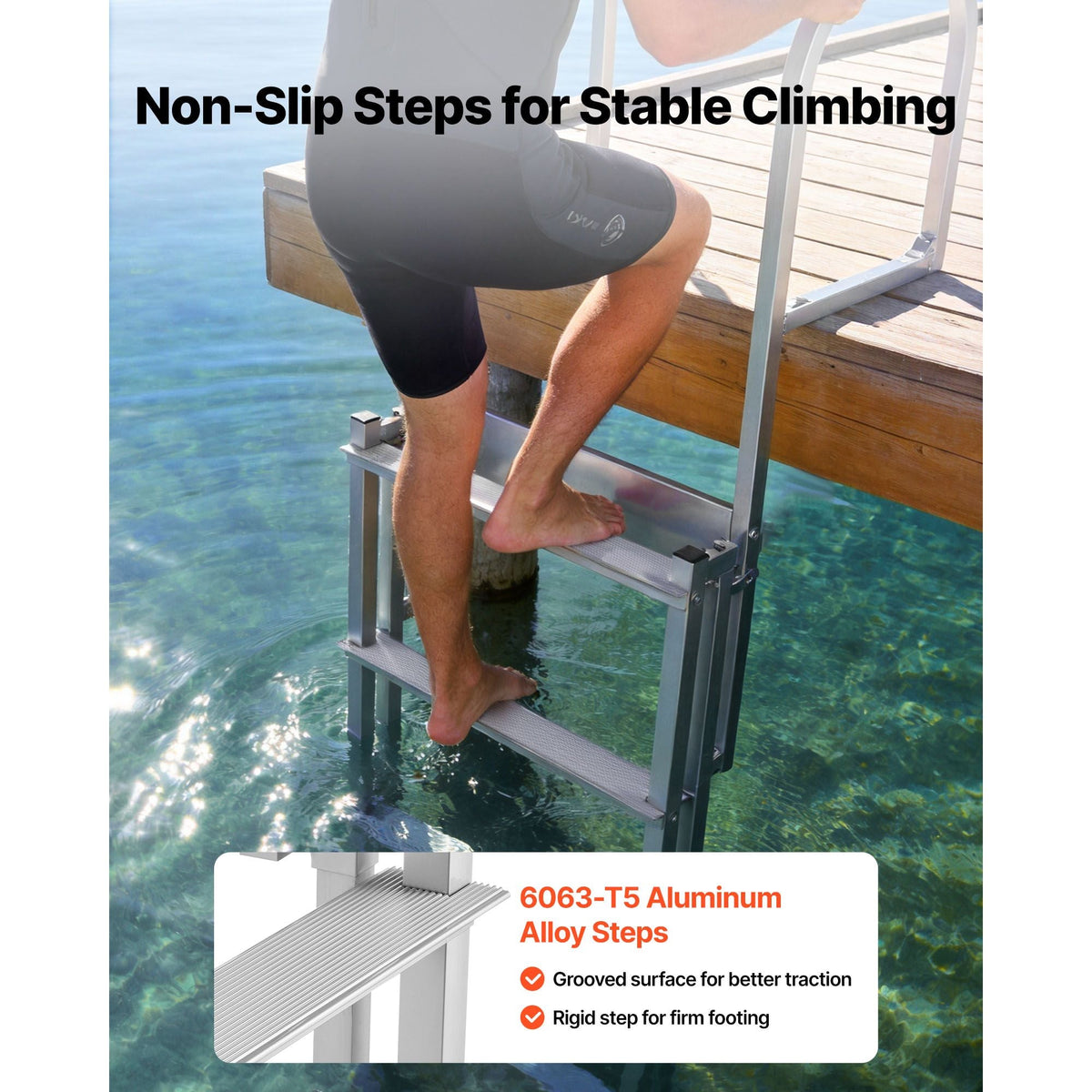 Retractable Dock Ladder, 5 Steps, Aluminum Alloy Pontoon Boat Swim Ladder with Auto-Lift Float, Non-Slip Wide Steps, 500 lbs Weight Capacity, Adjustable Height, for Lake Pool Marine Boarding