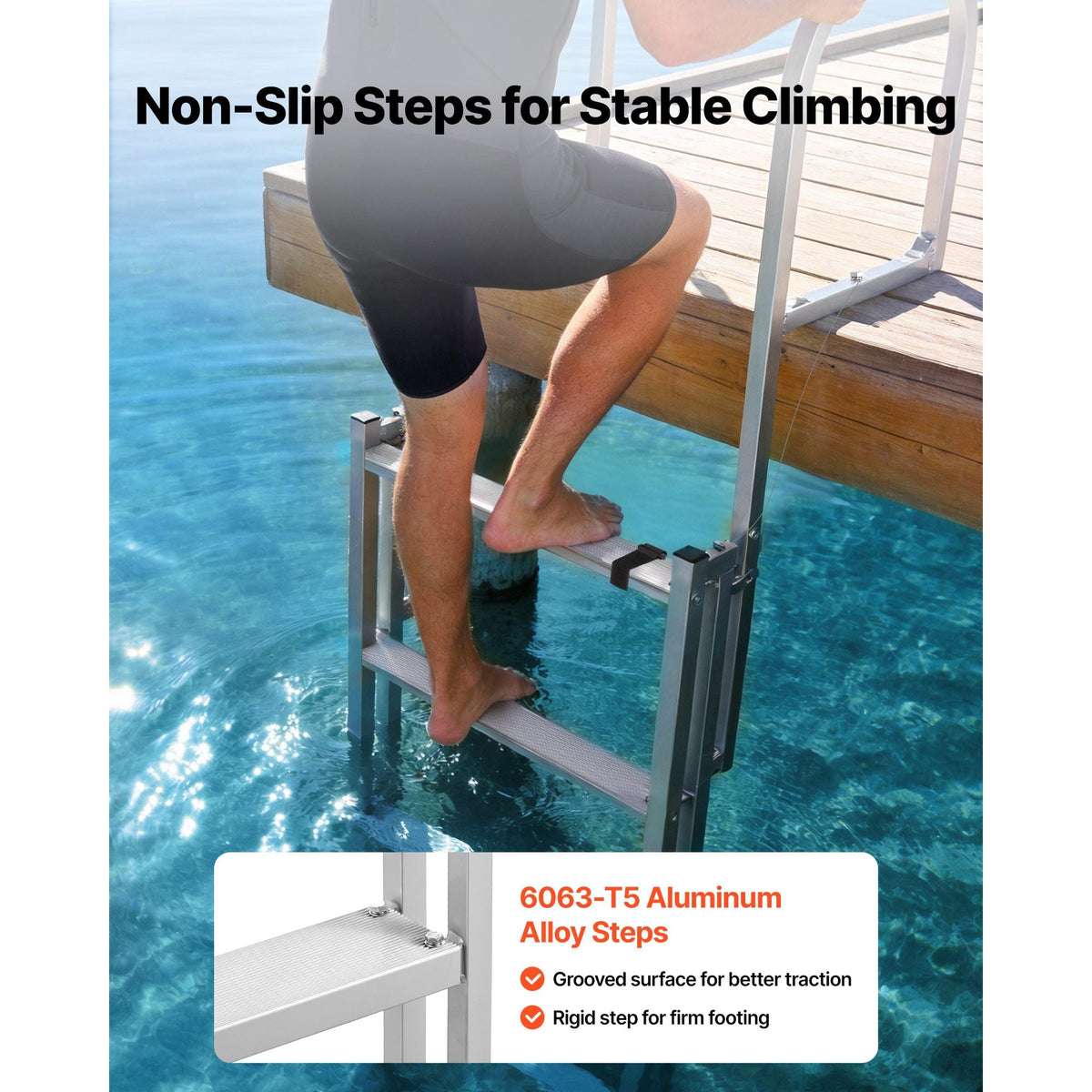 Retractable Dock Ladder, 5 Steps, Aluminum Alloy Pontoon Boat Swim Ladder, with Non-Slip Wide Steps, 350 lbs Weight Capacity, Adjustable Height, for Lake Swimming, Pool, Boat, Marine Boarding