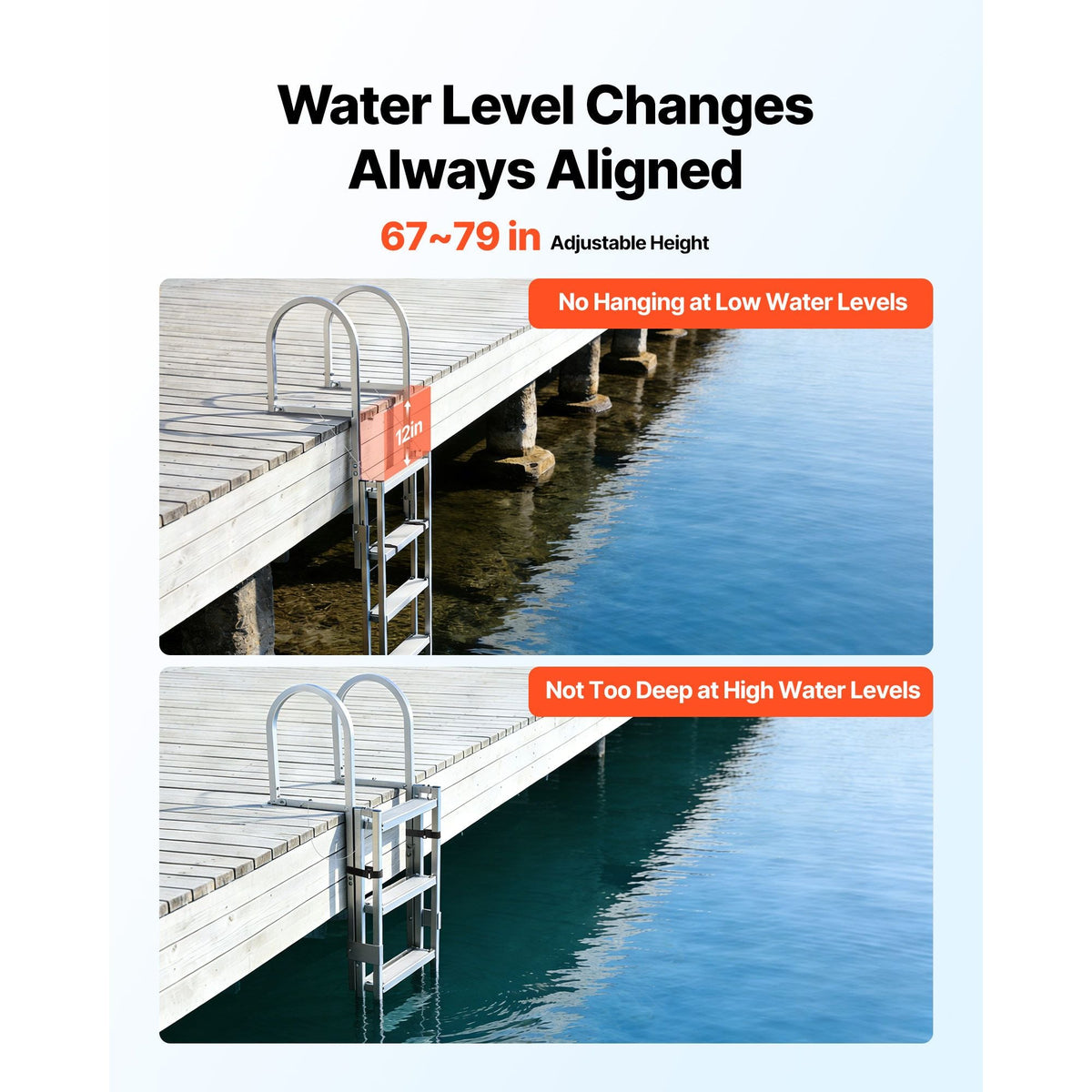 Retractable Dock Ladder, 5 Steps, Aluminum Alloy Pontoon Boat Swim Ladder, with Non-Slip Wide Steps, 350 lbs Weight Capacity, Adjustable Height, for Lake Swimming, Pool, Boat, Marine Boarding