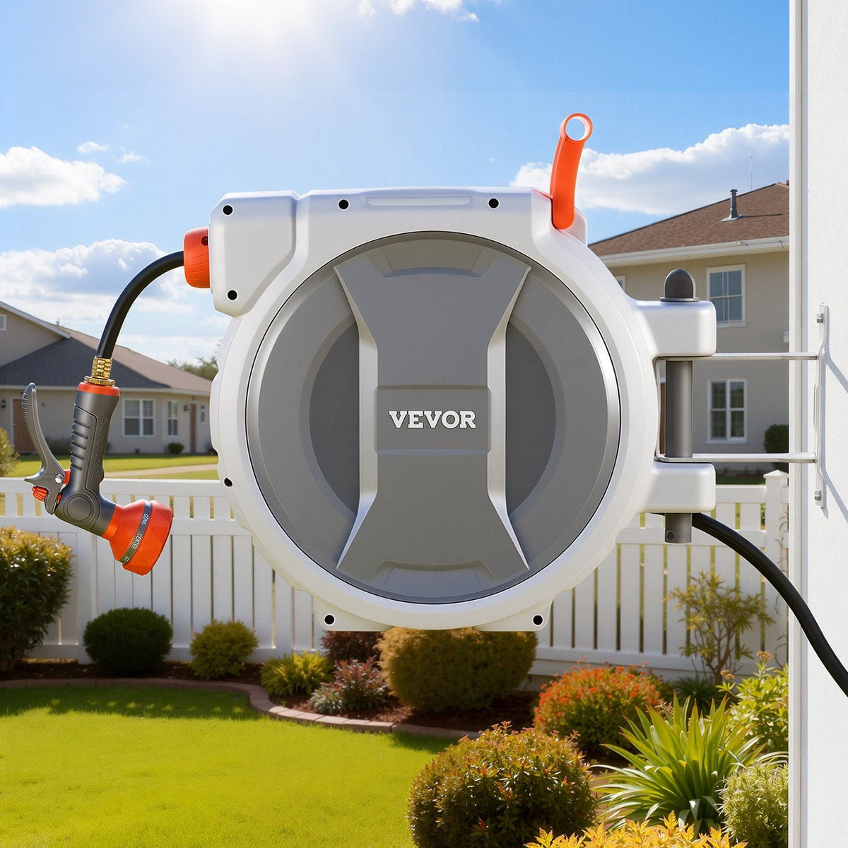 Retractable Garden Hose Reel, 1/2 in x 100 ft, Wall Mounted Hose Reel with 9-Function Sprayer Nozzle and 180° Swivel Bracket, Any Length Lock, Automatic Slow Rewind System, for Garden Watering