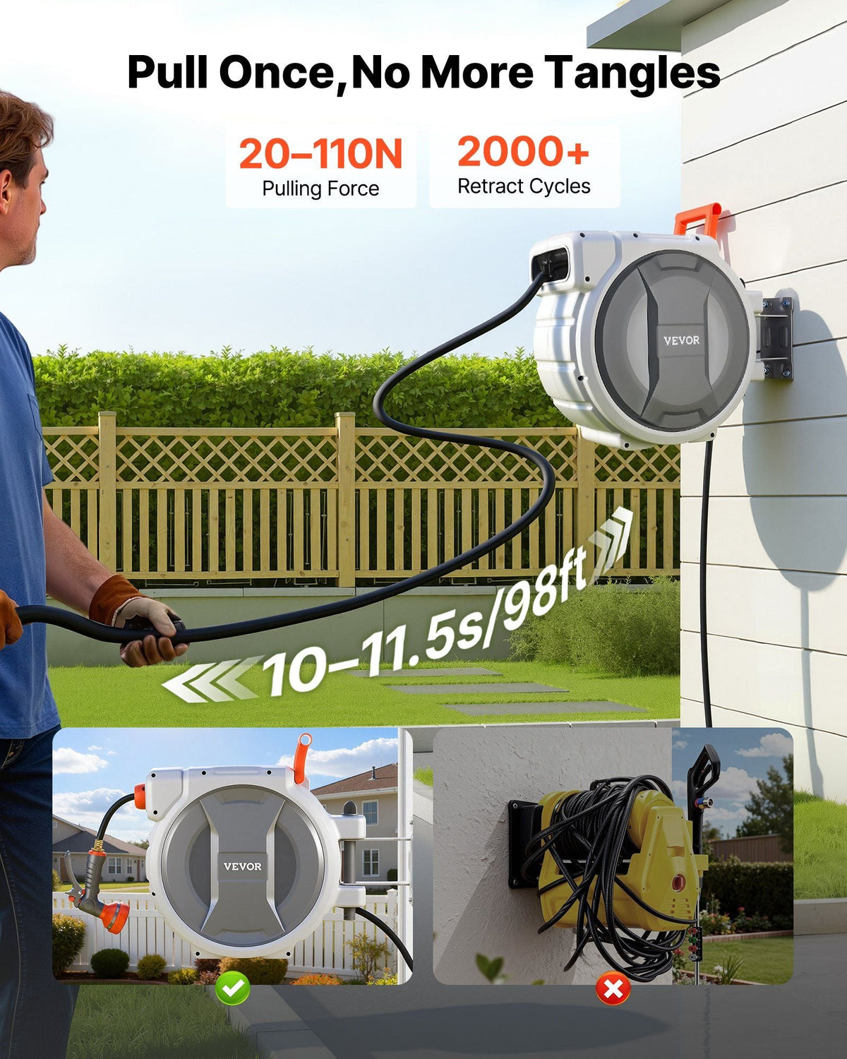 Retractable Garden Hose Reel, 1/2 in x 100 ft, Wall Mounted Hose Reel with 9-Function Sprayer Nozzle and 180° Swivel Bracket, Any Length Lock, Automatic Slow Rewind System, for Garden Watering