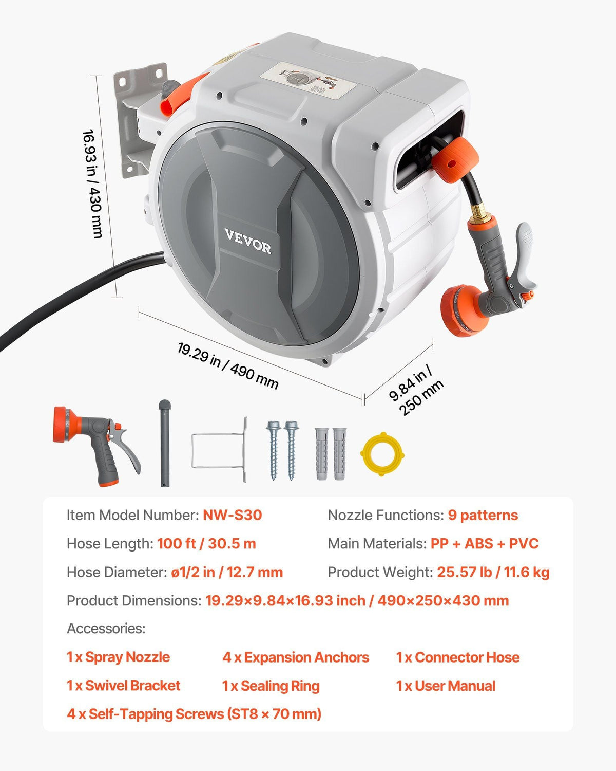 Retractable Garden Hose Reel, 1/2 in x 100 ft, Wall Mounted Hose Reel with 9-Function Sprayer Nozzle and 180° Swivel Bracket, Any Length Lock, Automatic Slow Rewind System, for Garden Watering