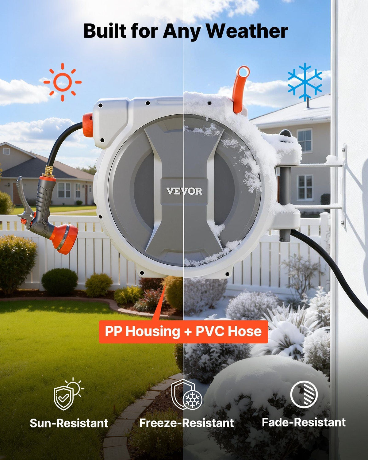 Retractable Garden Hose Reel, 1/2 in x 100 ft, Wall Mounted Hose Reel with 9-Function Sprayer Nozzle and 180° Swivel Bracket, Any Length Lock, Automatic Slow Rewind System, for Garden Watering