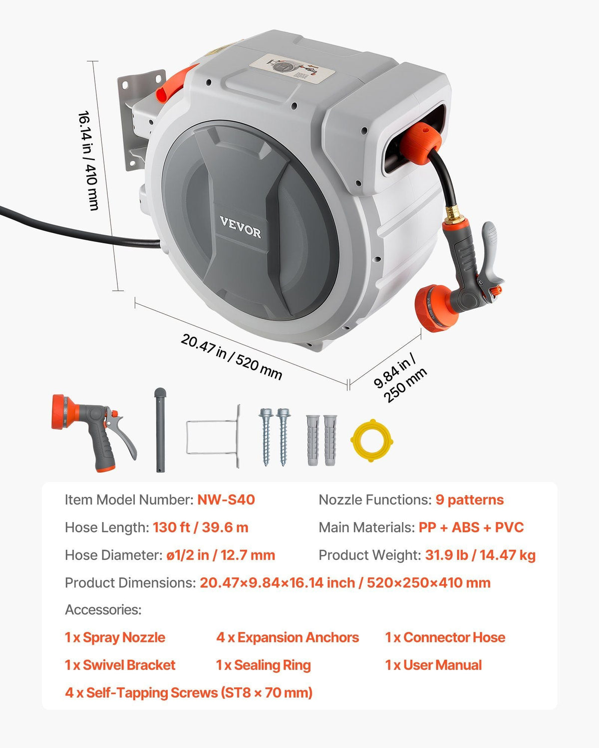 Retractable Garden Hose Reel, 1/2 in x 130 ft, Wall Mounted Hose Reel with 9-Function Sprayer Nozzle and 180° Swivel Bracket, Any Length Lock, Automatic Slow Rewind System, for Garden Watering