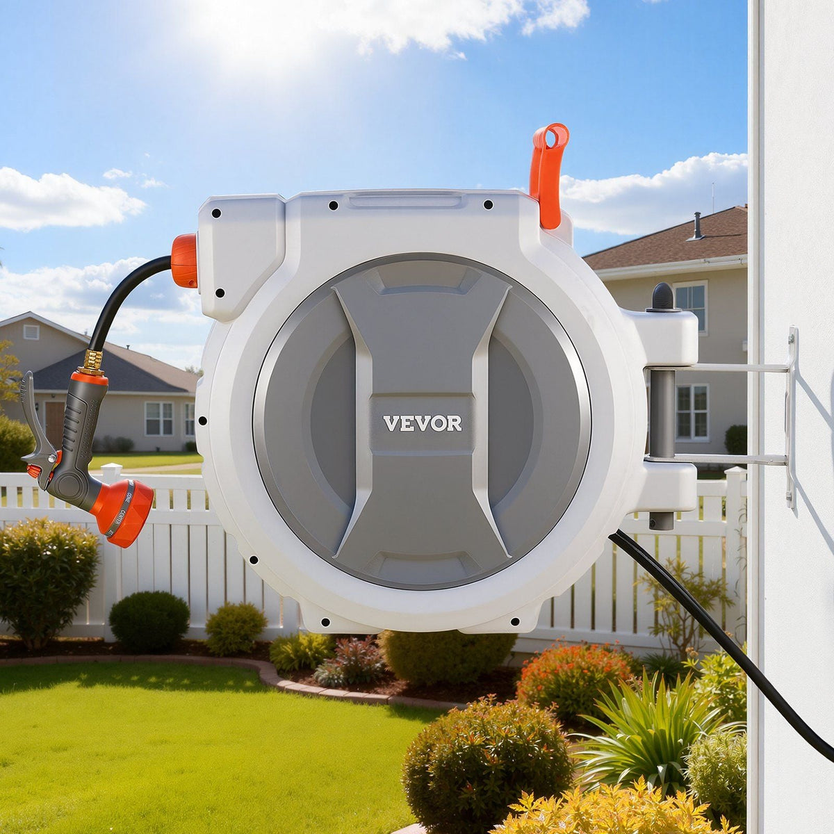 Retractable Garden Hose Reel, 1/2 in x 130 ft, Wall Mounted Hose Reel with 9-Function Sprayer Nozzle and 180° Swivel Bracket, Any Length Lock, Automatic Slow Rewind System, for Garden Watering