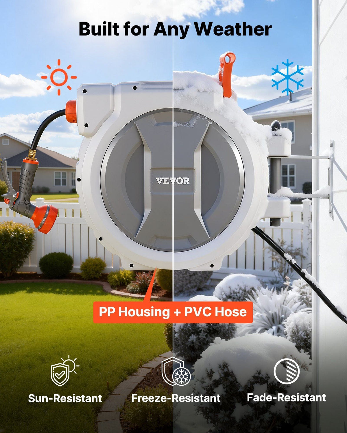 Retractable Garden Hose Reel, 1/2 in x 130 ft, Wall Mounted Hose Reel with 9-Function Sprayer Nozzle and 180° Swivel Bracket, Any Length Lock, Automatic Slow Rewind System, for Garden Watering
