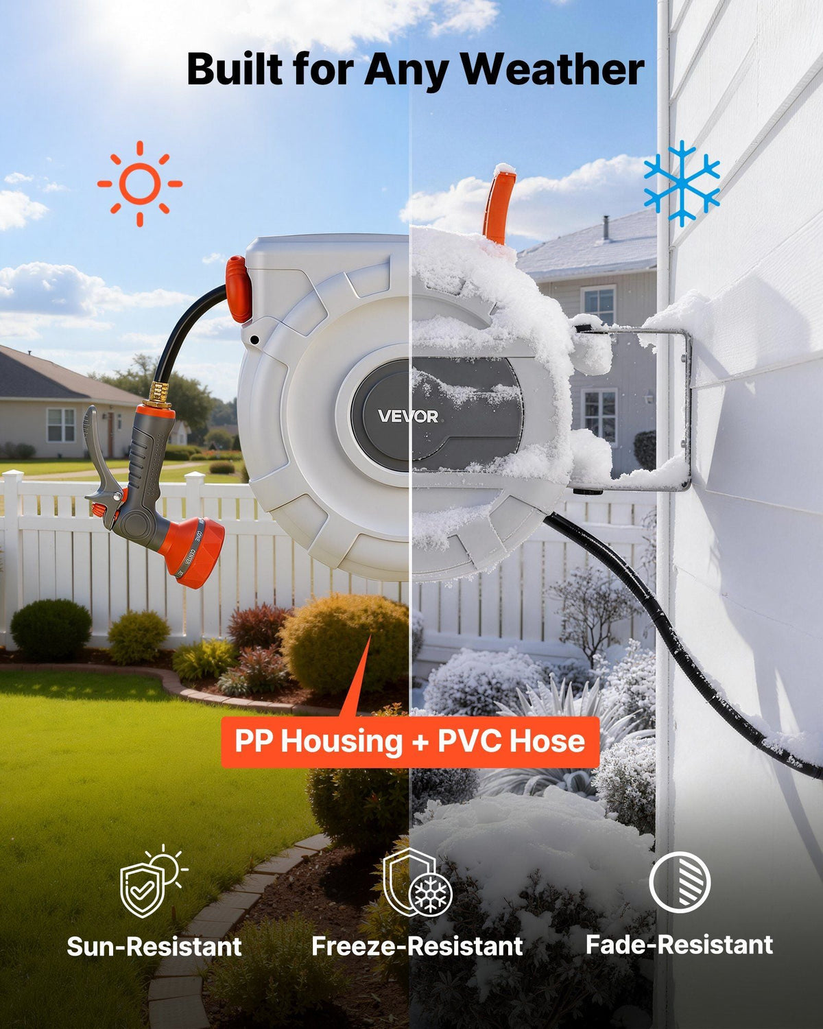 Retractable Garden Hose Reel, 1/2 in x 50 ft, Wall Mounted Hose Reel with 9-Function Sprayer Nozzle and 180° Swivel Bracket, Any Length Lock, Automatic Slow Rewind System, for Garden Watering