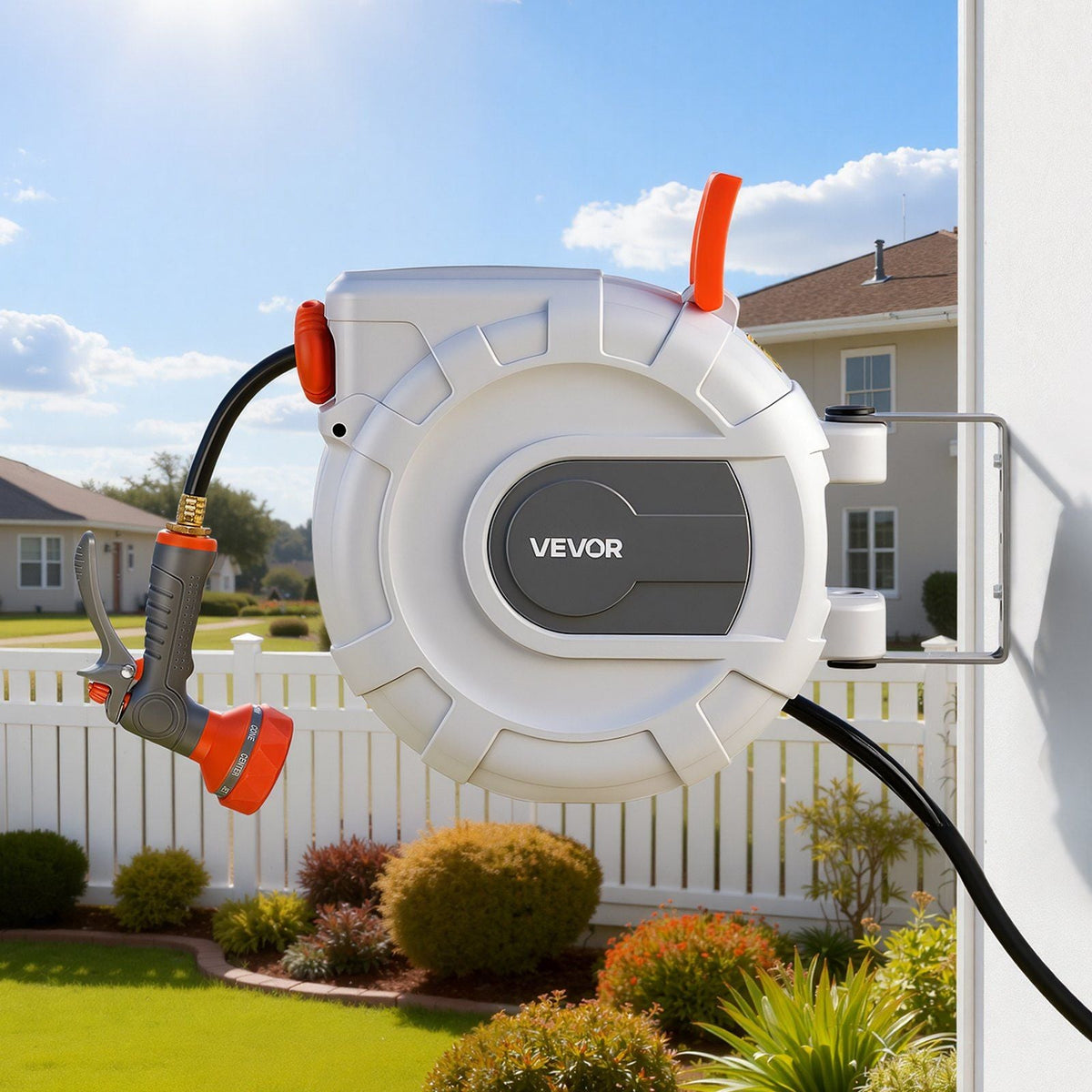 Retractable Garden Hose Reel, 1/2 in x 50 ft, Wall Mounted Hose Reel with 9-Function Sprayer Nozzle and 180° Swivel Bracket, Any Length Lock, Automatic Slow Rewind System, for Garden Watering